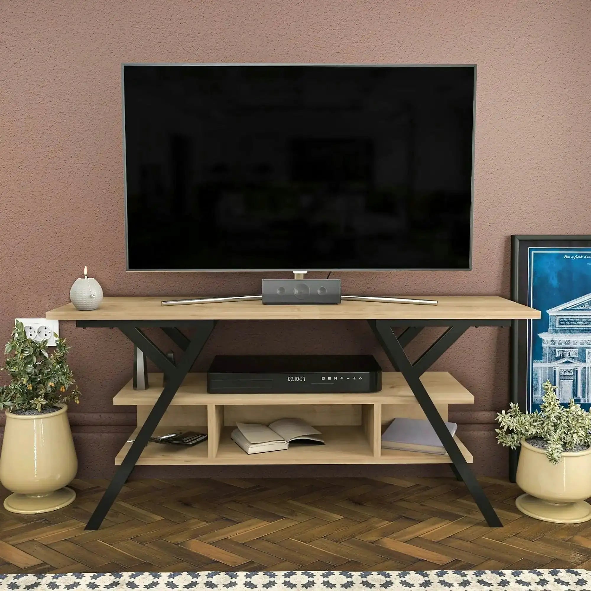 Comoda TV MINERVA, stejar/negru, PAL/metal, 120x35x55 cm