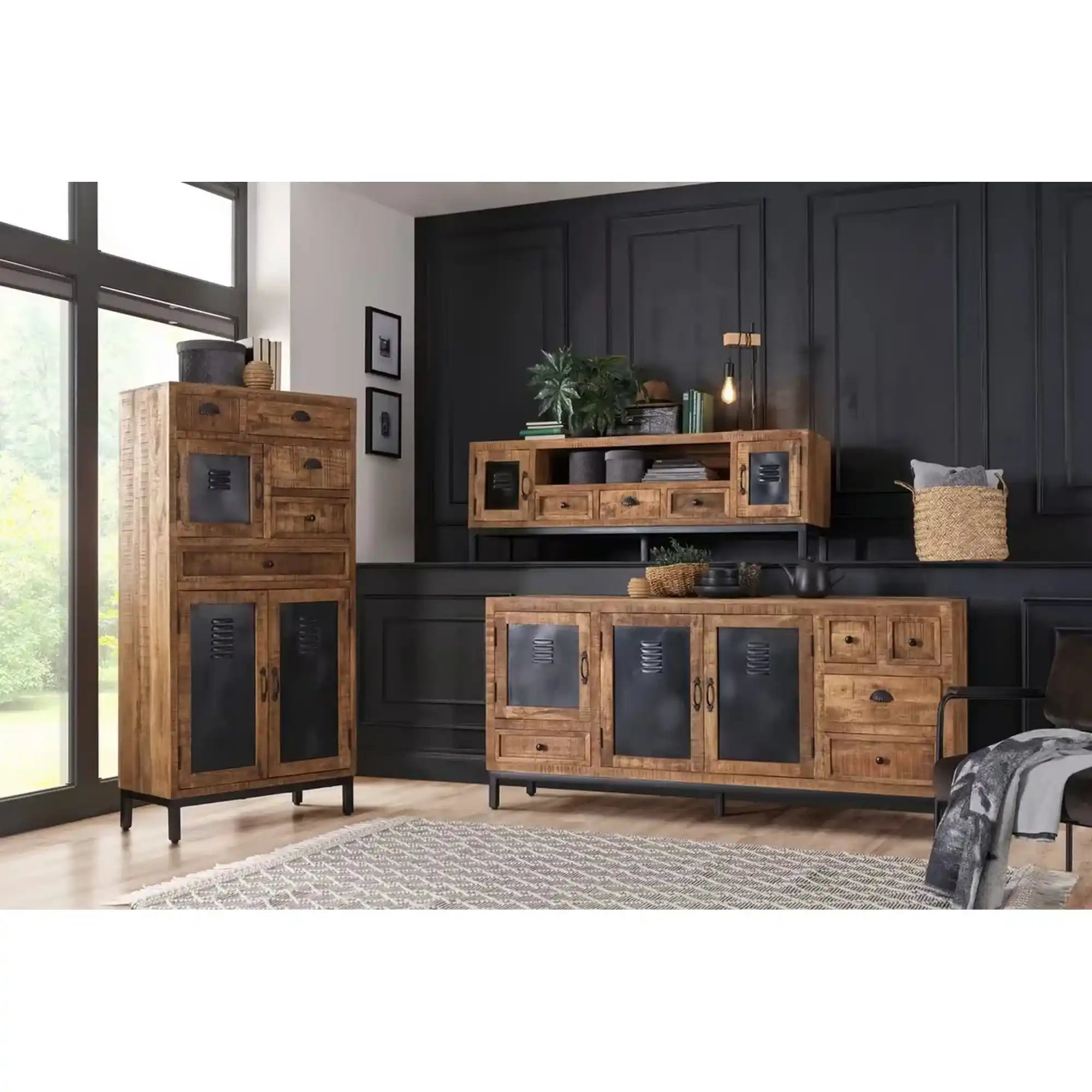 Comoda TV MIRA, stejar/negru, lemn/metal, 160x40x55 cm