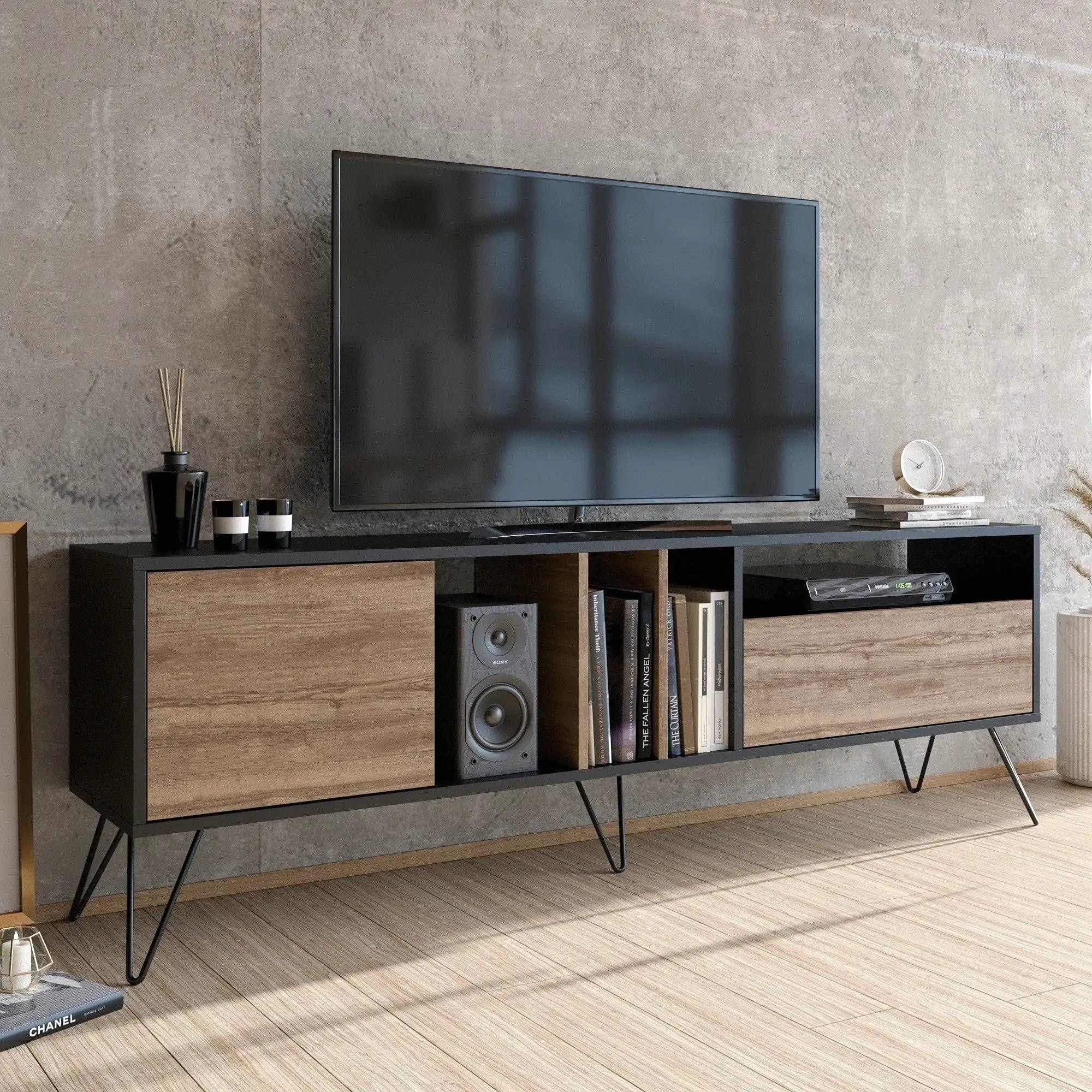 Comoda TV Mistico, alun/negru, PAL melaminat/metal, 180x36x59 cm