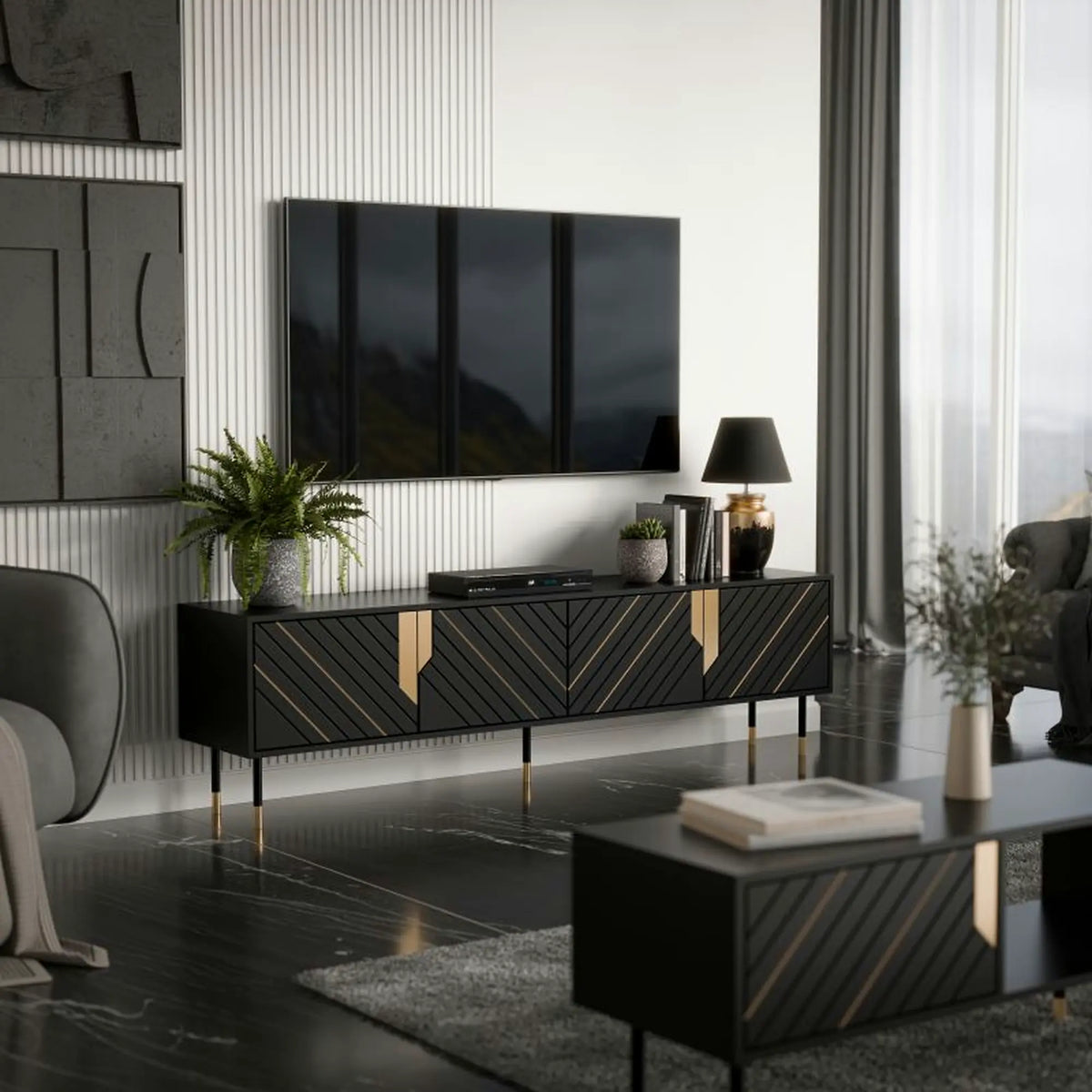 Comoda TV MOUNTAIN, negru/auriu, PAL laminat, 204x40x55 cm