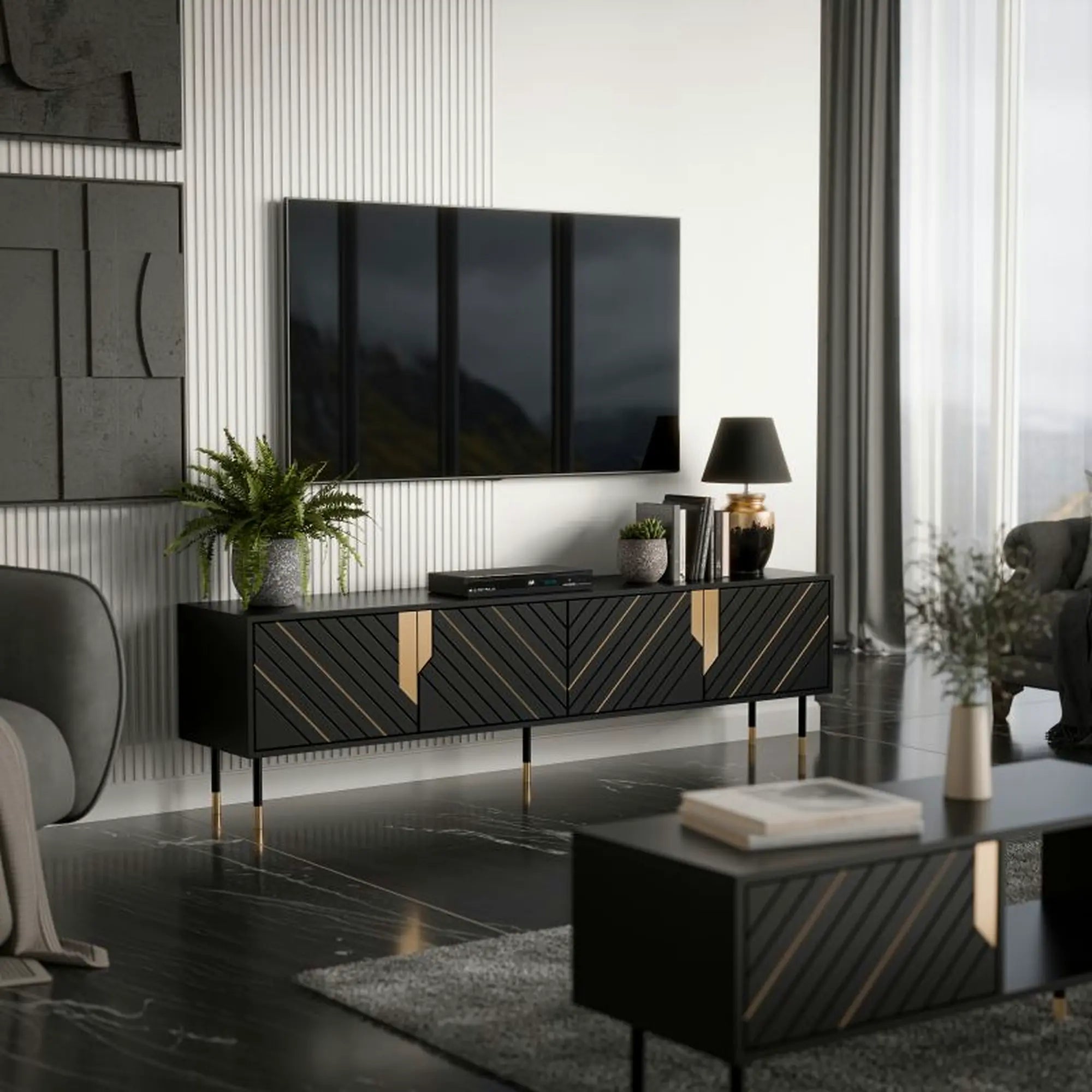 Comoda TV MOUNTAIN, negru/auriu, PAL laminat, 204x40x55 cm