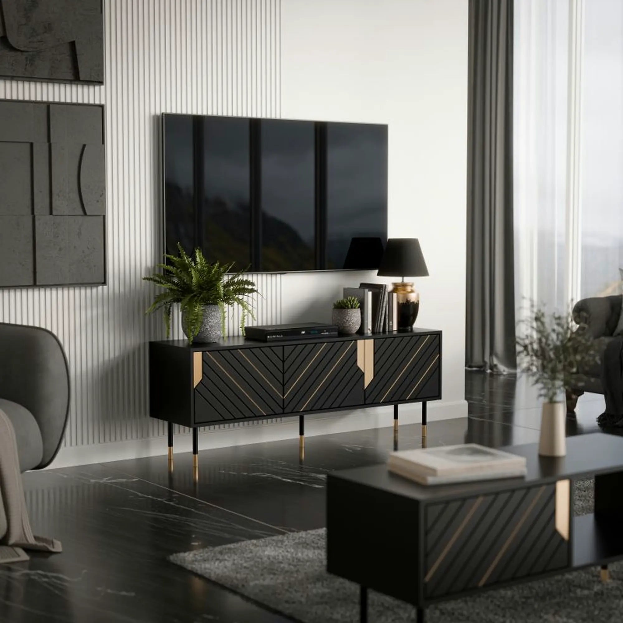Comoda TV MOUNTAIN, PAL laminat, negru/auriu, 154x40x55 cm