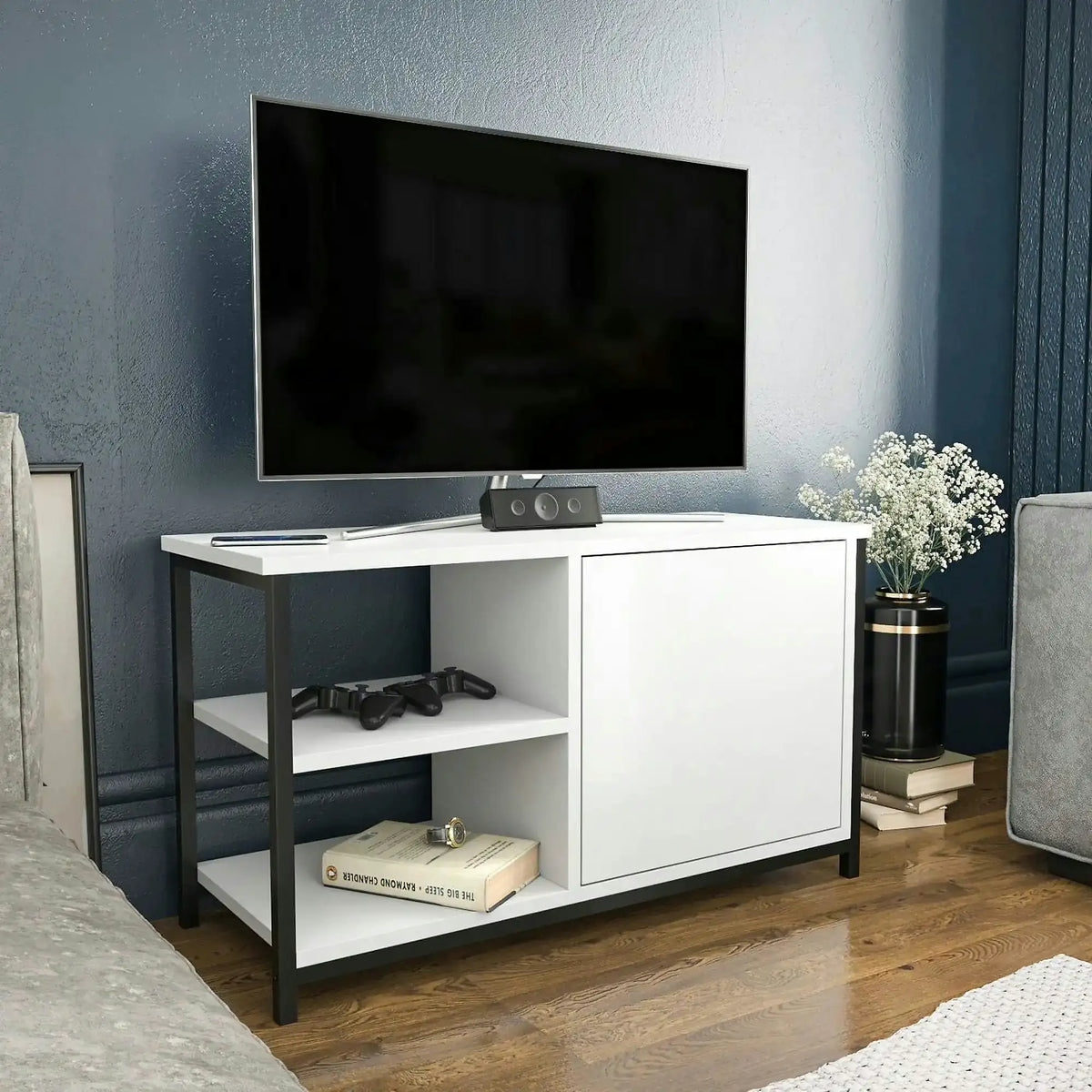 Comoda TV MUSKEGON, alb/negru, PAL melaminat/metal, 90x35x51 cm
