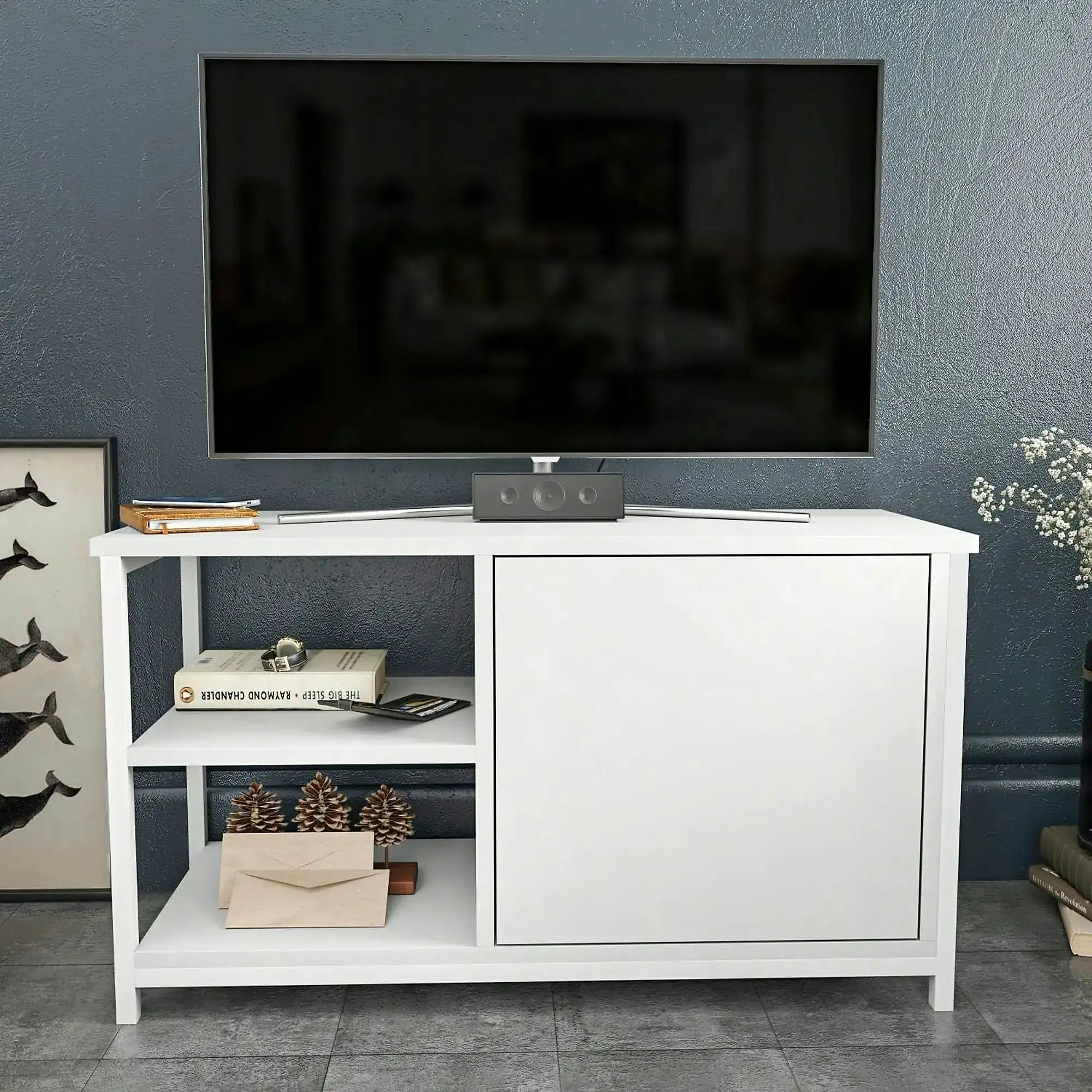 Comoda TV MUSKEGON, alb, PAL melaminat/metal, 90x35x51 cm