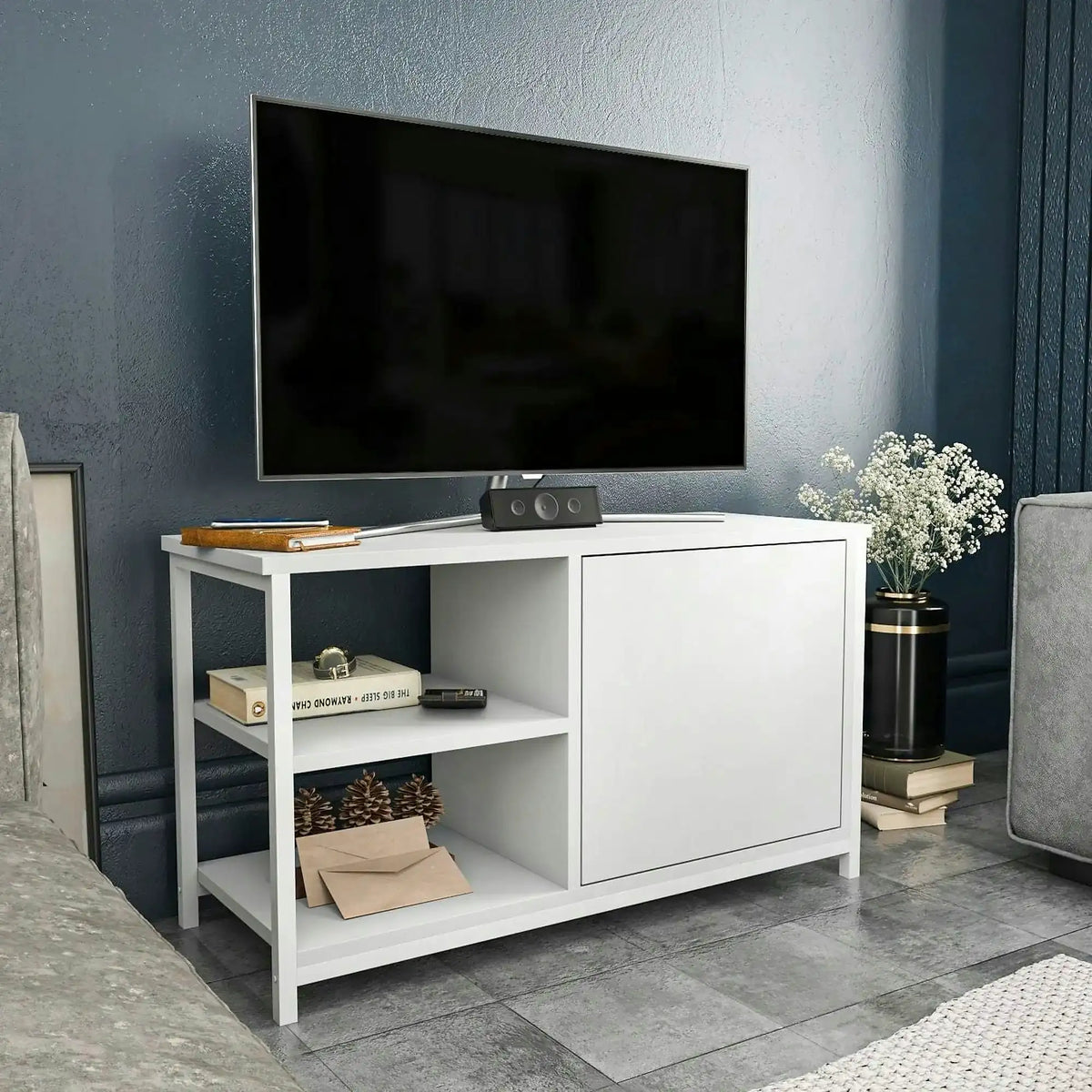 Comoda TV MUSKEGON, alb, PAL melaminat/metal, 90x35x51 cm