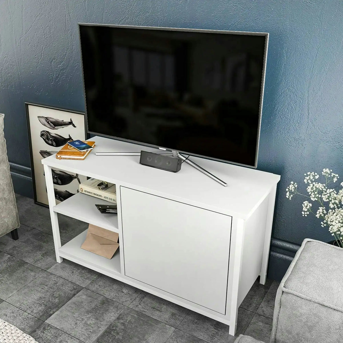 Comoda TV MUSKEGON, alb, PAL melaminat/metal, 90x35x51 cm