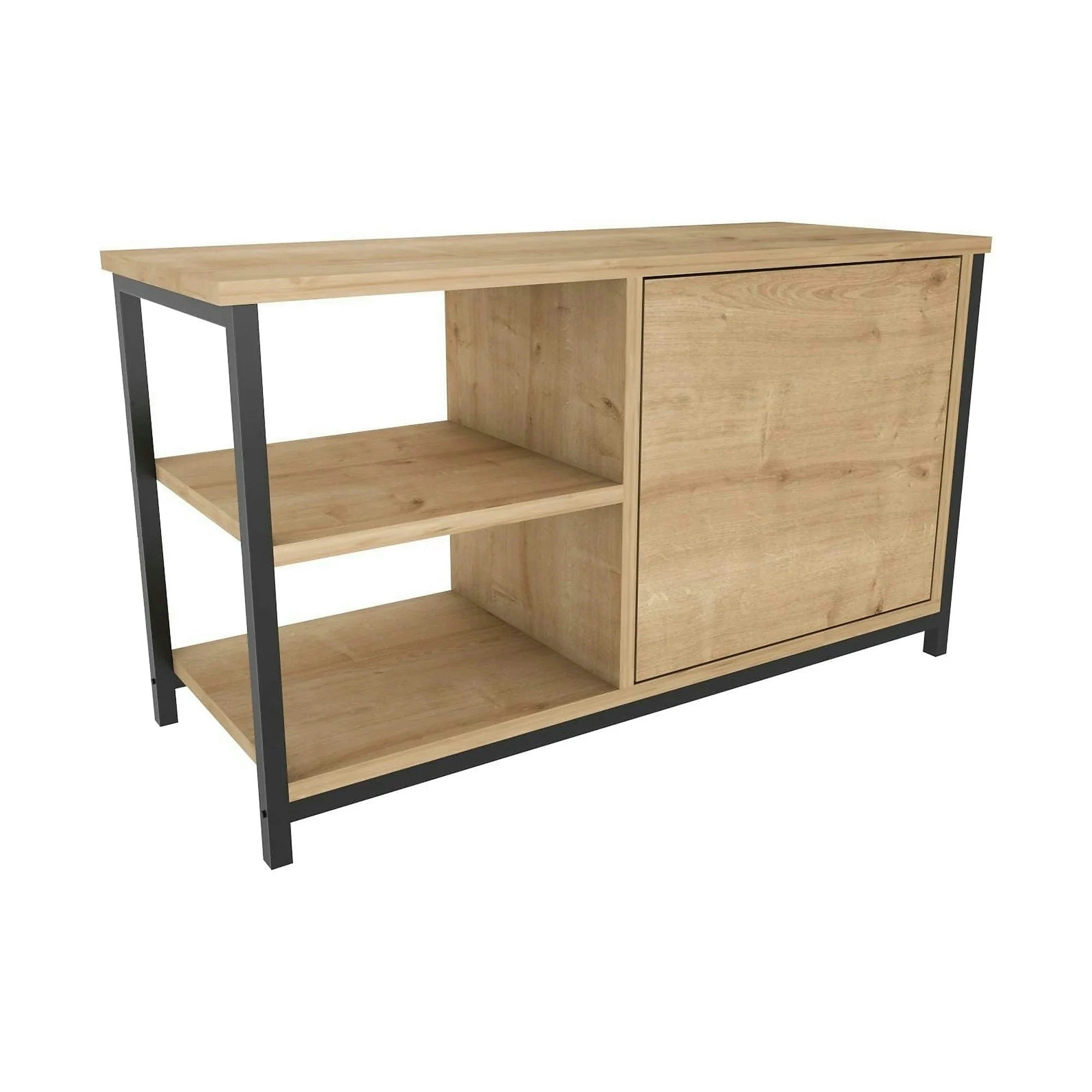 Comoda TV MUSKEGON, negru/stejar, PAL melaminat/metal, 90x35x51 cm