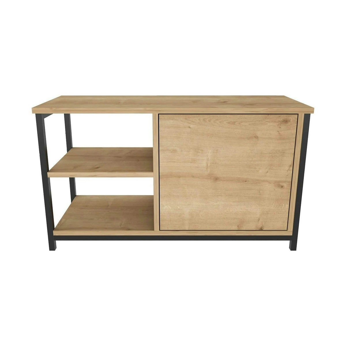 Comoda TV MUSKEGON, negru/stejar, PAL melaminat/metal, 90x35x51 cm