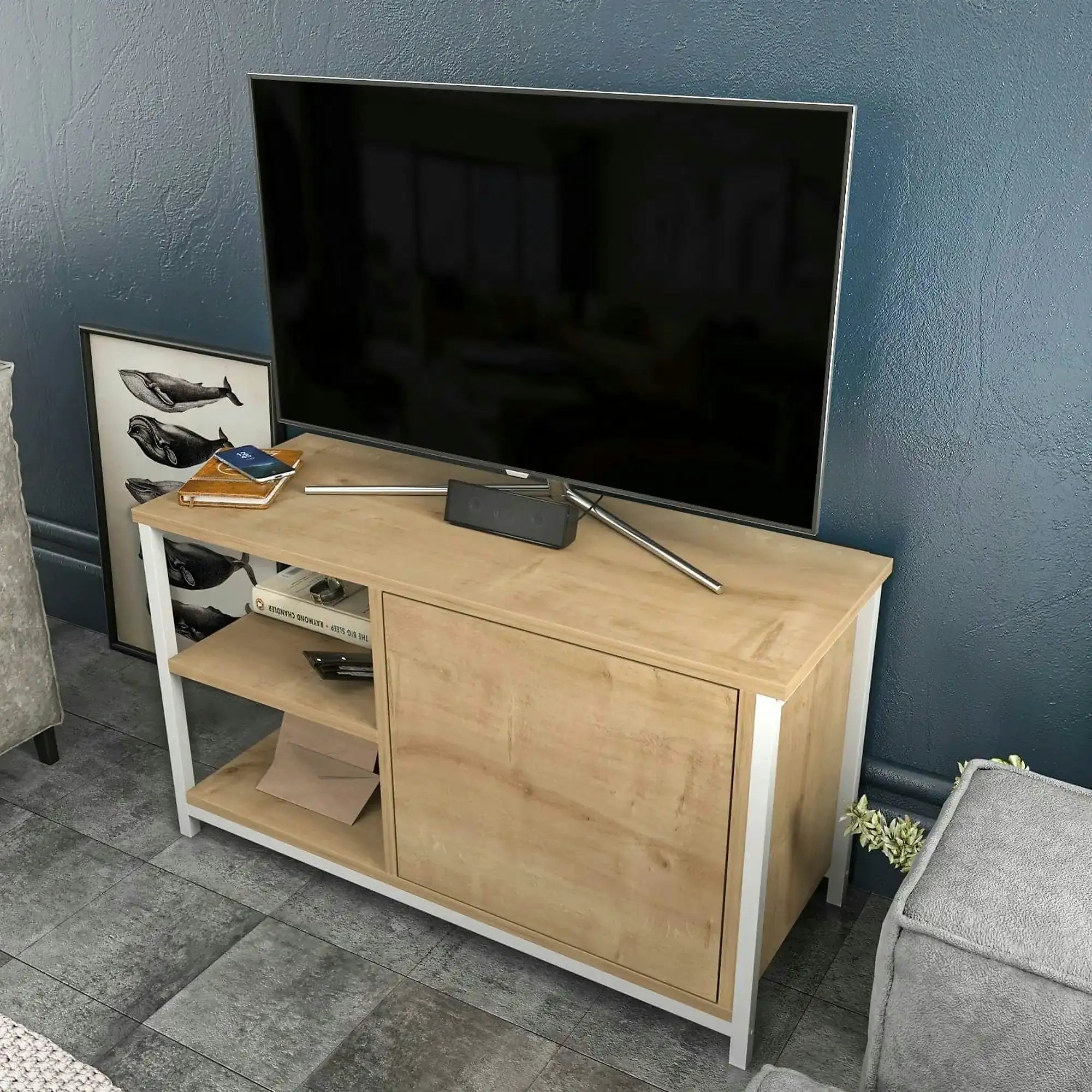 Comoda TV MUSKEGON, stejar/alb, PAL melaminat/metal, 90x35x51 cm
