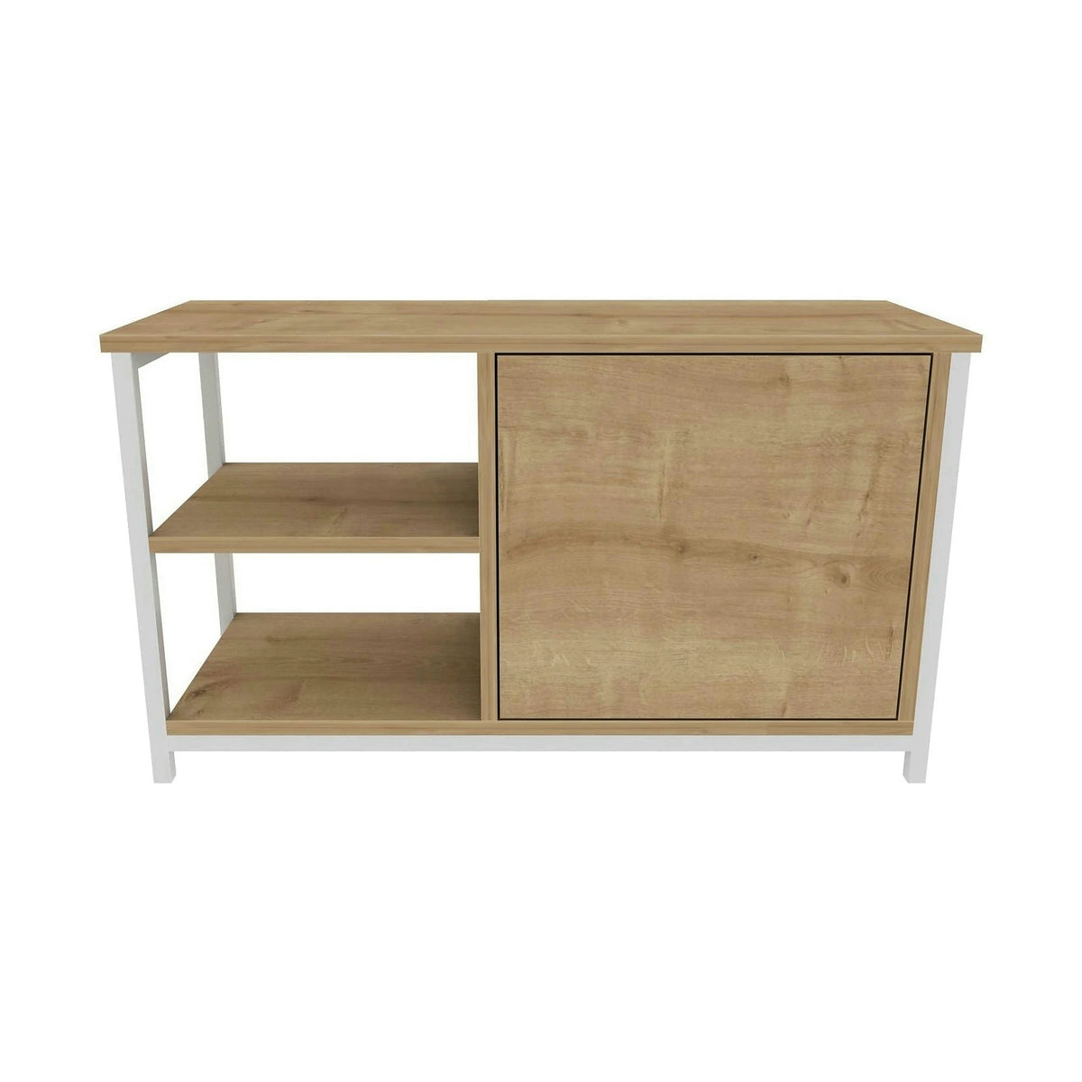 Comoda TV MUSKEGON, stejar/alb, PAL melaminat/metal, 90x35x51 cm