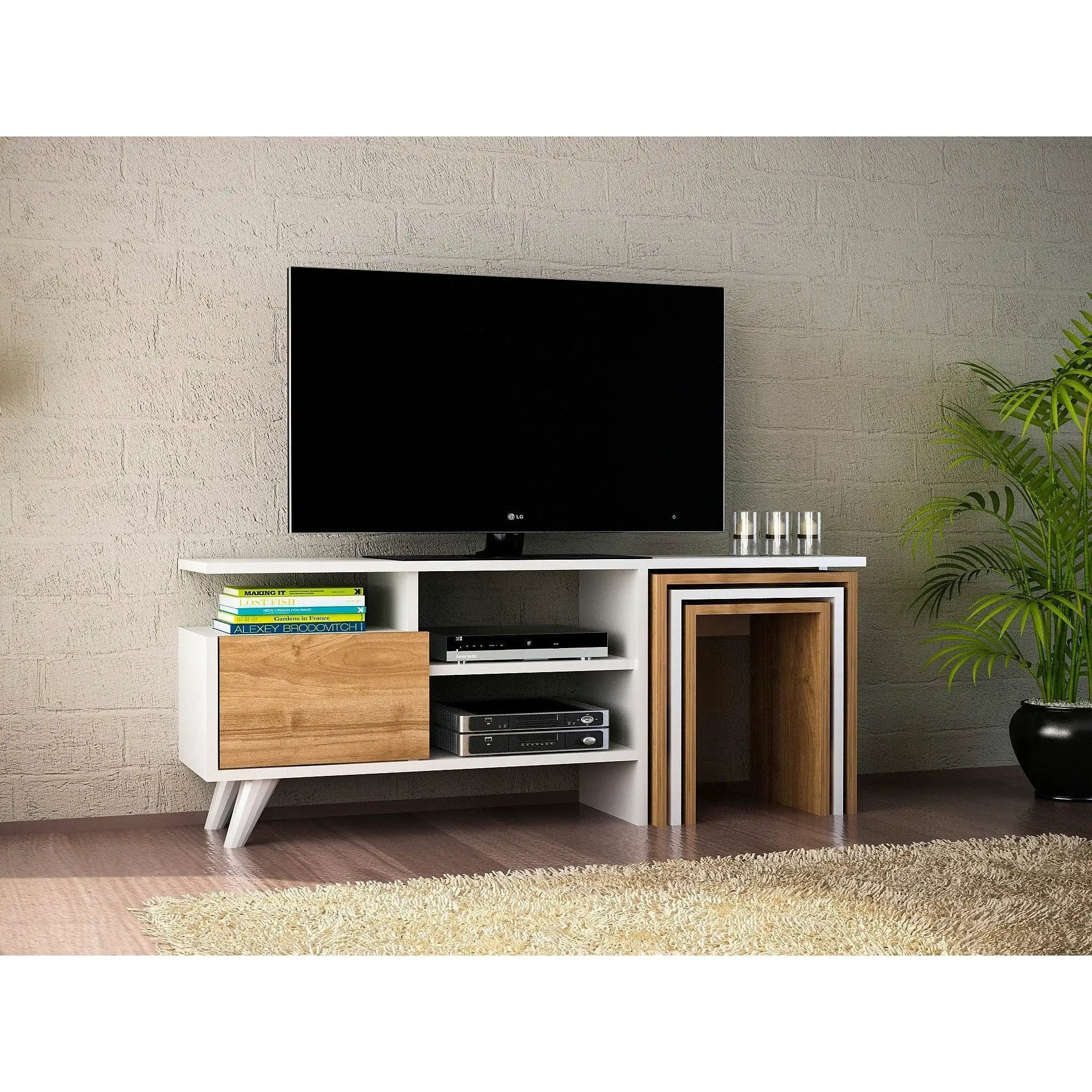 Comoda TV Nature, alb/nuc, PAL melaminat, 120x30x49 cm