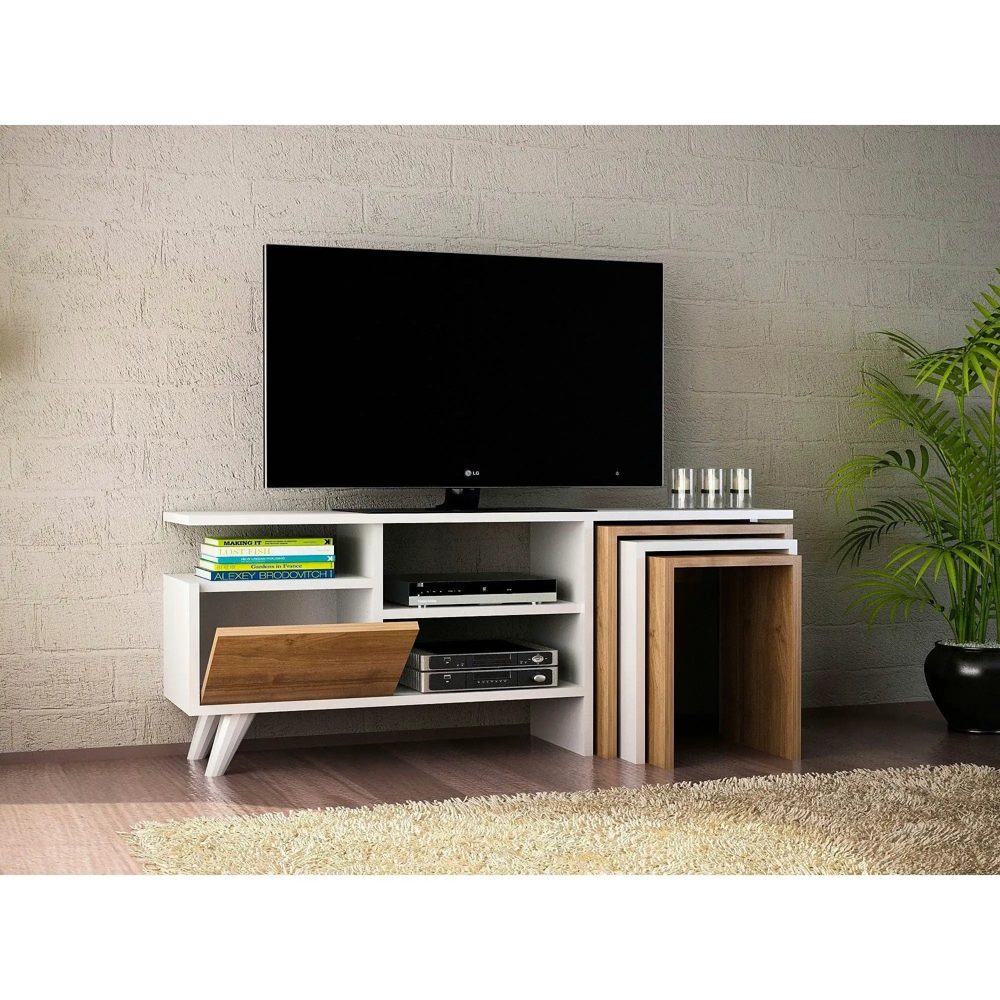 Comoda TV Nature, alb/nuc, PAL melaminat, 120x30x49 cm