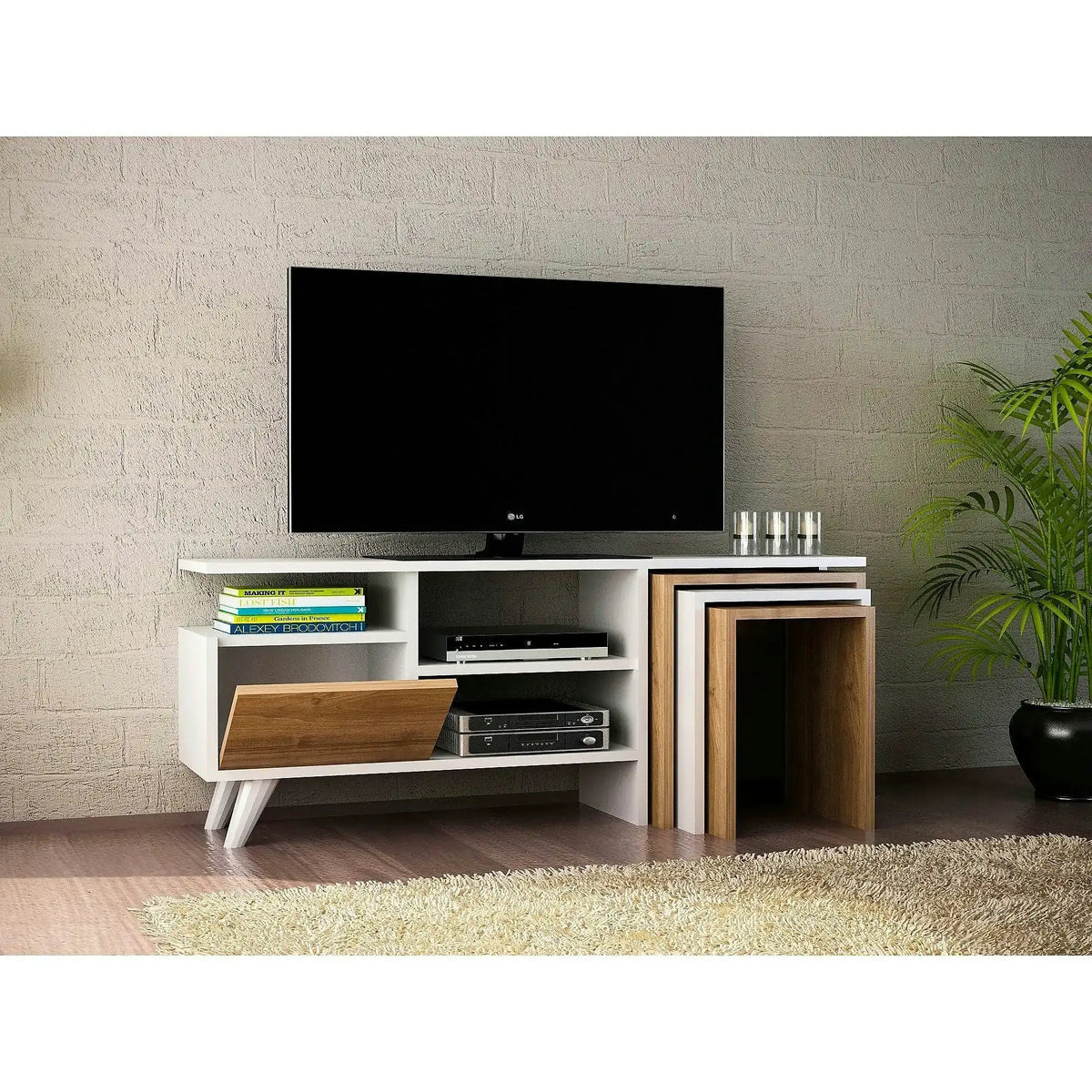 Comoda TV Nature, alb/nuc, PAL melaminat, 120x30x49 cm