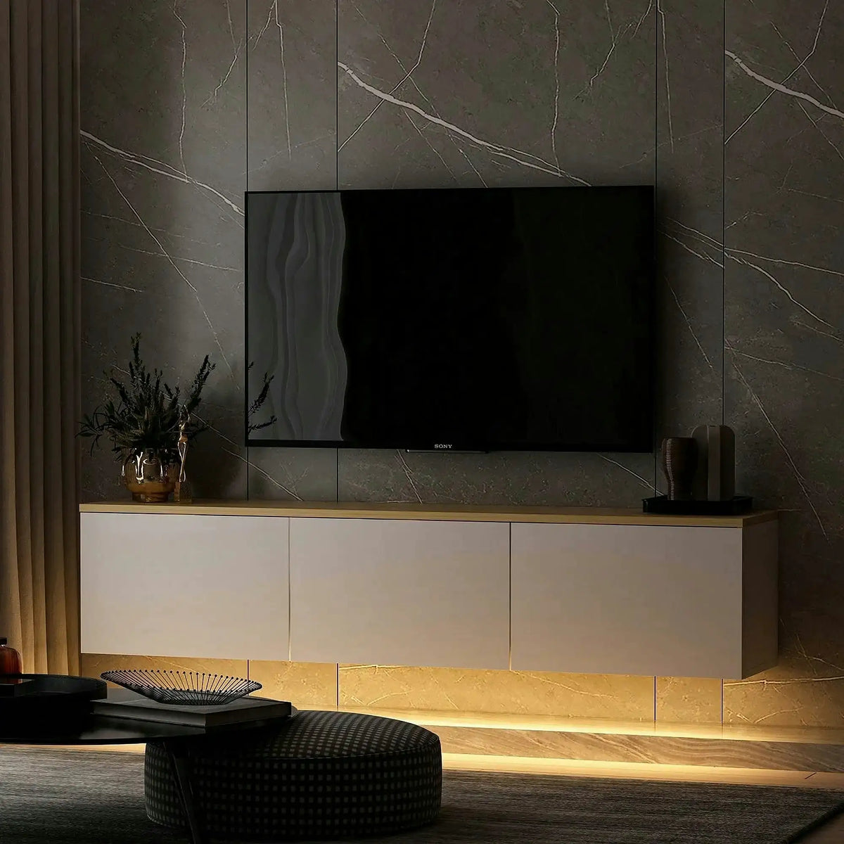 Comoda TV NEON, alb/stejar, PAL melaminat, cu iluminare LED, 160x32x35 cm