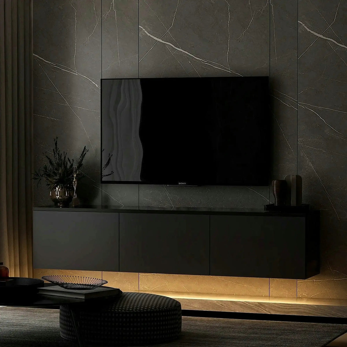 Comoda TV NEON ILLUMINATED, gri antracit, PAL melaminat, 160x32x35 cm