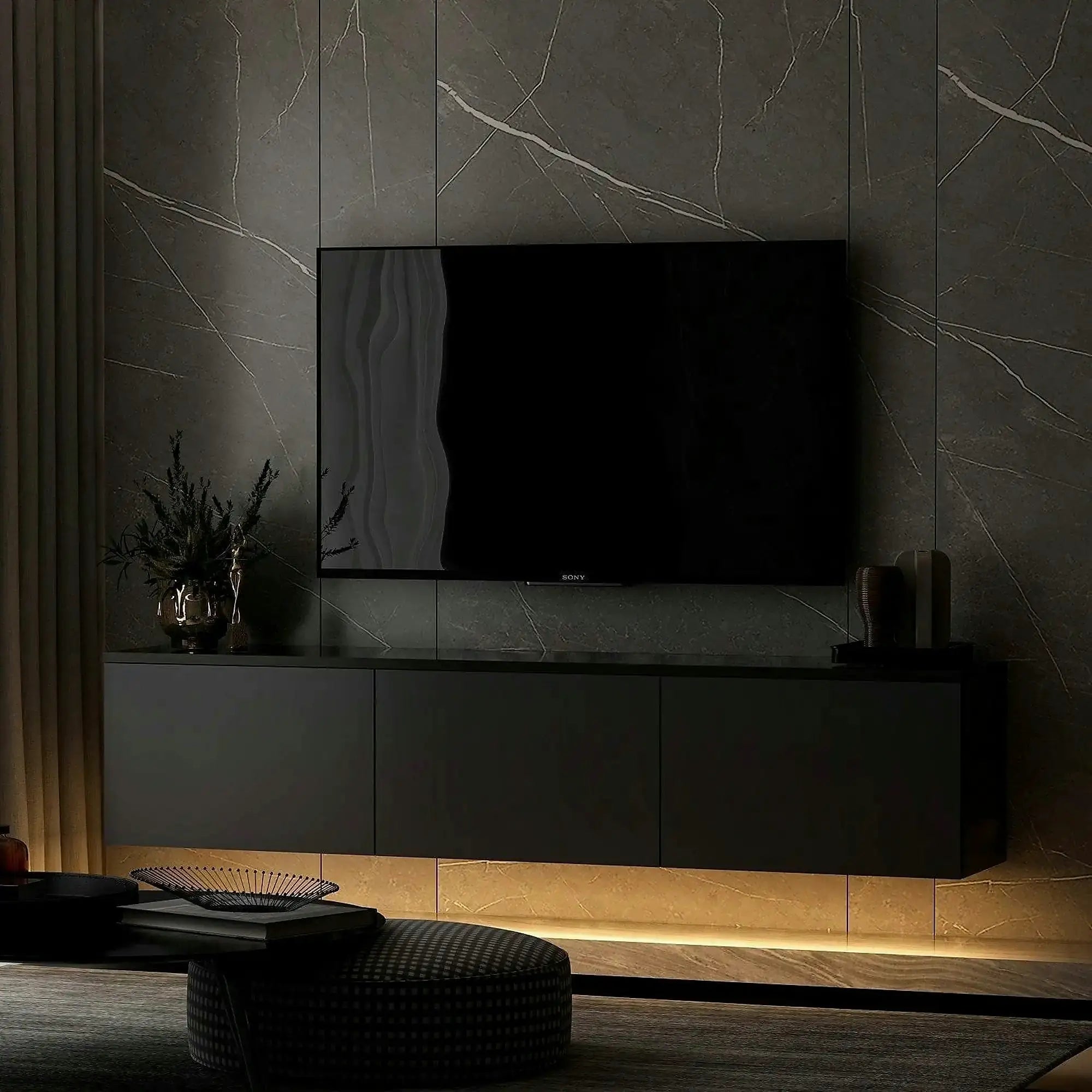 Comoda TV NEON ILLUMINATED, gri antracit, PAL melaminat, 160x32x35 cm