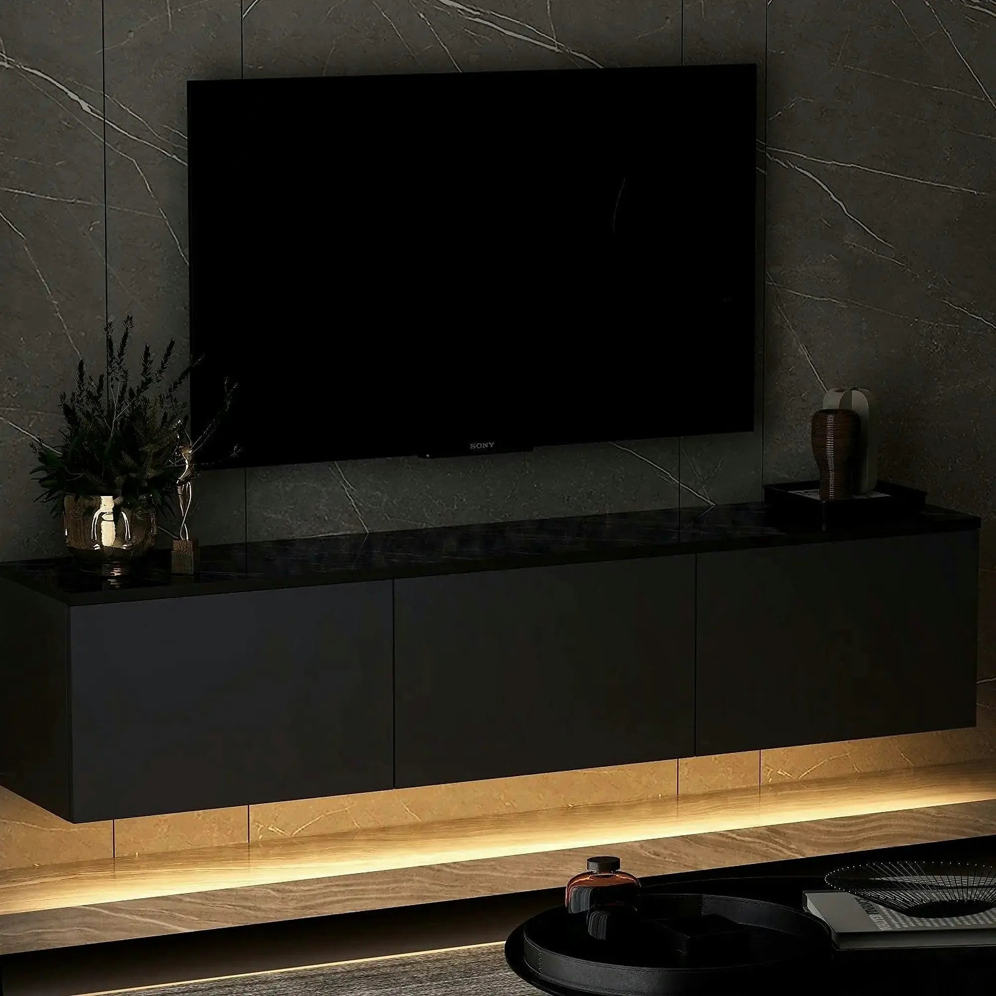 Comoda TV NEON ILLUMINATED, gri antracit, PAL melaminat, 160x32x35 cm