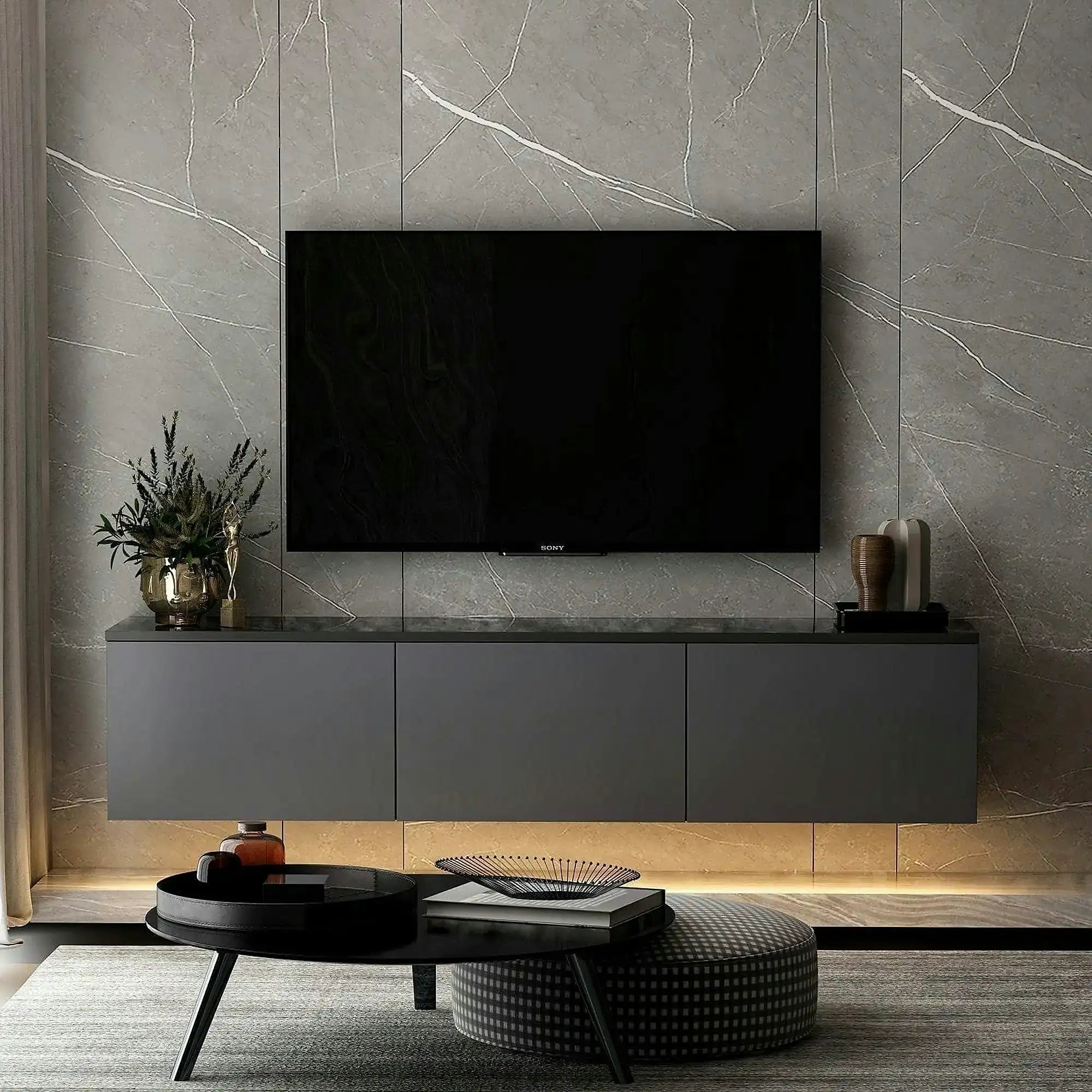 Comoda TV NEON ILLUMINATED, gri antracit, PAL melaminat, 160x32x35 cm