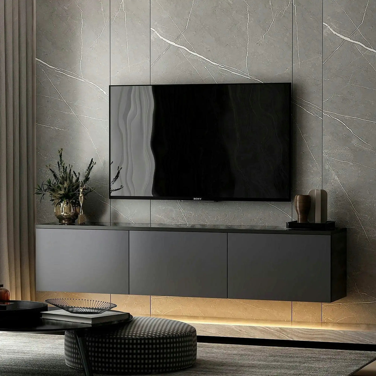 Comoda TV NEON ILLUMINATED, gri antracit, PAL melaminat, 160x32x35 cm