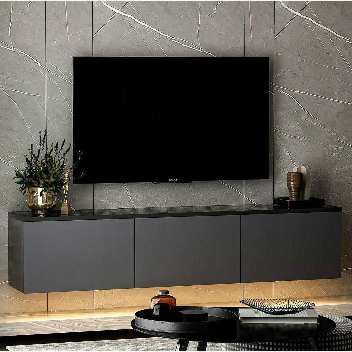 Comoda TV NEON ILLUMINATED, gri antracit, PAL melaminat, 160x32x35 cm