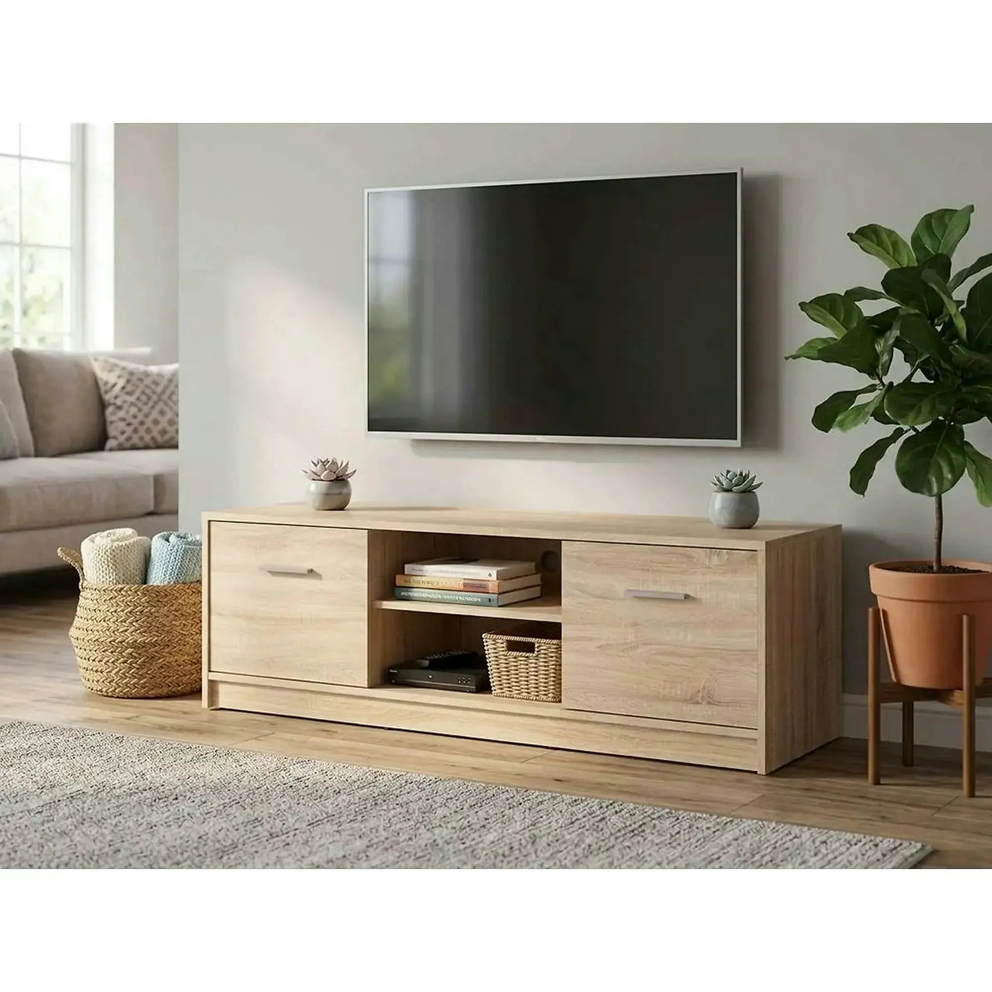 Comoda TV NEPO PLUS, stejar sonoma, PAL laminat, cu 2 usi, 139x47x43 cm
