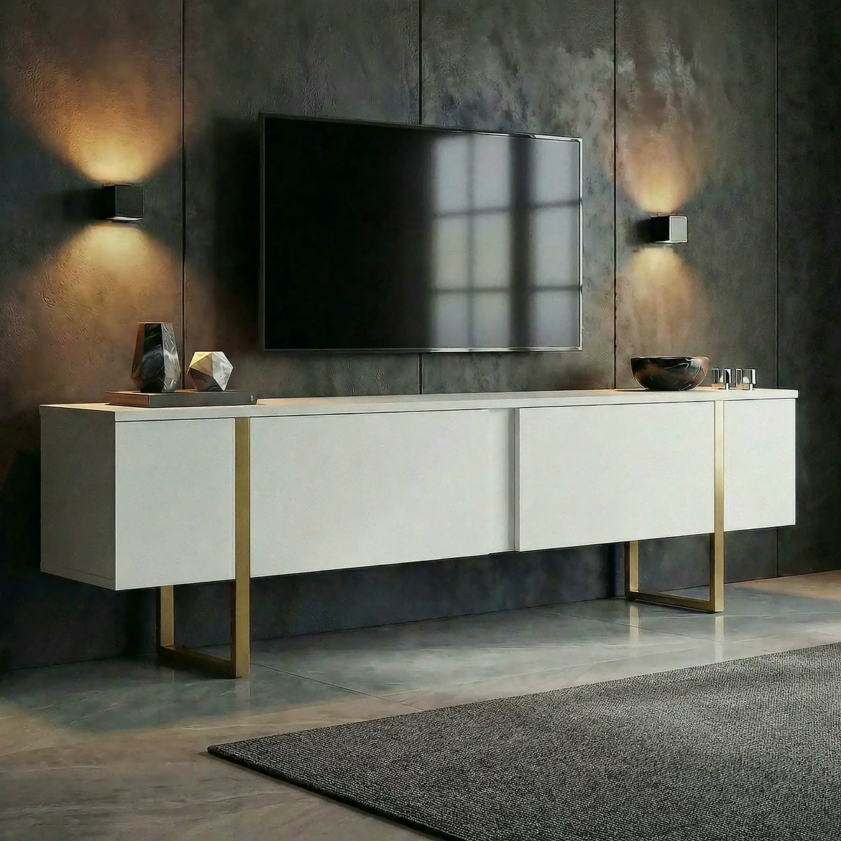 Comodă TV ONERA, alb/auriu, PAL melaminat, 180x30x50 cm