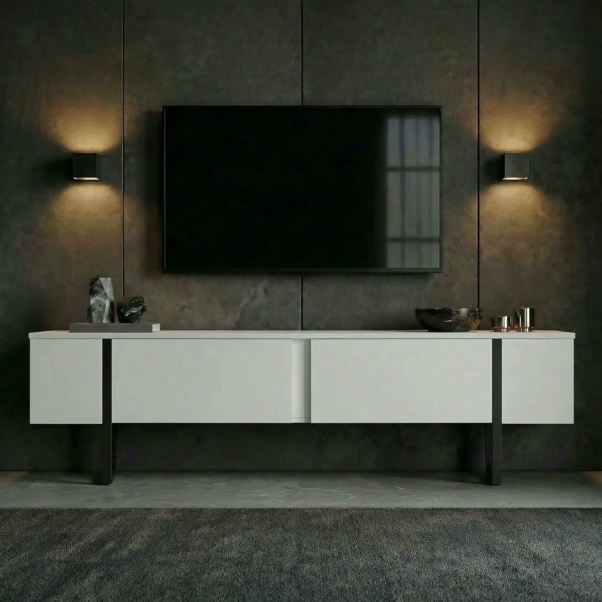Comodă TV ONERA, alb/negru, PAL melaminat, 180x30x45 cm