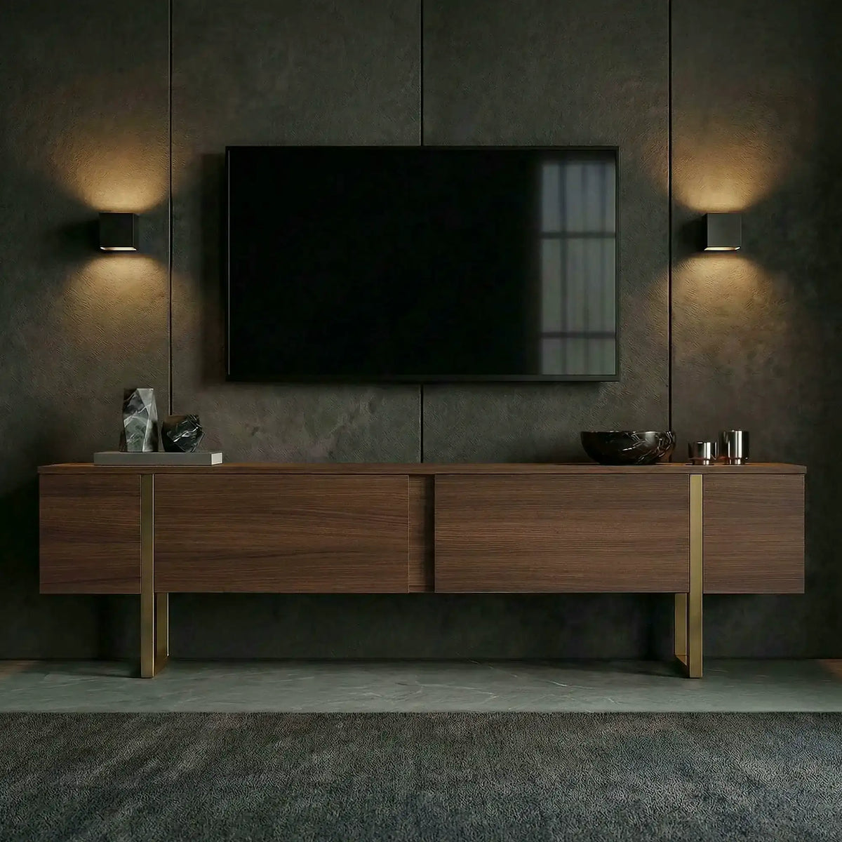 Comodă TV ONERA, nuc/auriu, PAL melaminat, 180x30x50 cm