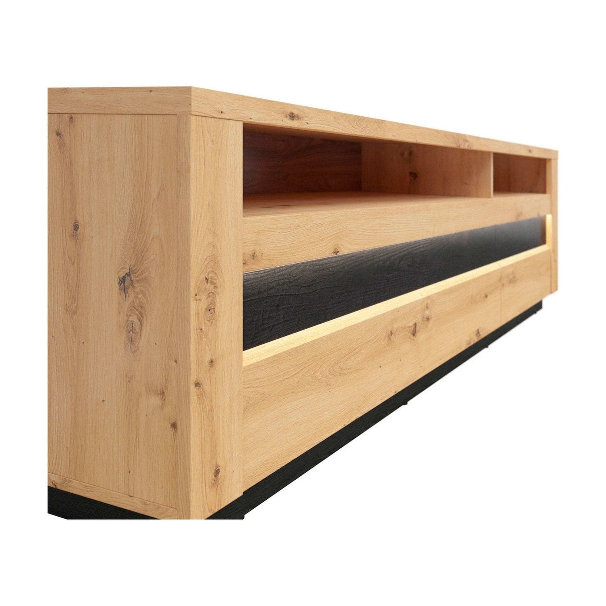Comoda TV OSTIA, stejar artisan/negru, PAL, cu iluminare LED, 161x48x54 cm
