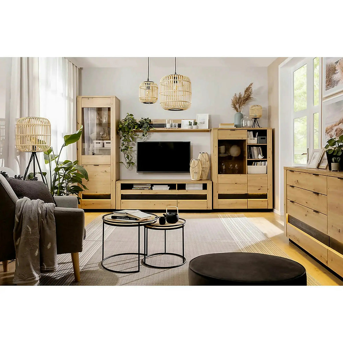 Comoda TV OSTIA, stejar artisan/negru, PAL, cu iluminare LED, 161x48x54 cm