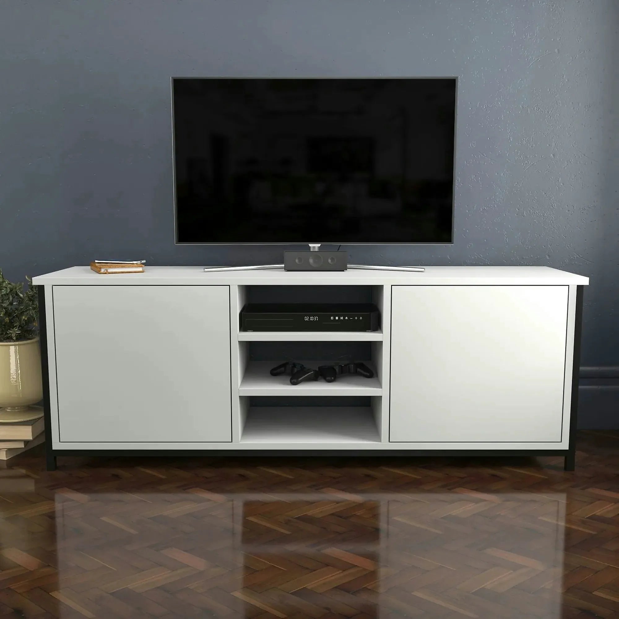 Comoda TV OTIS, alb/negru, PAL melaminat, 140x35x51 cm