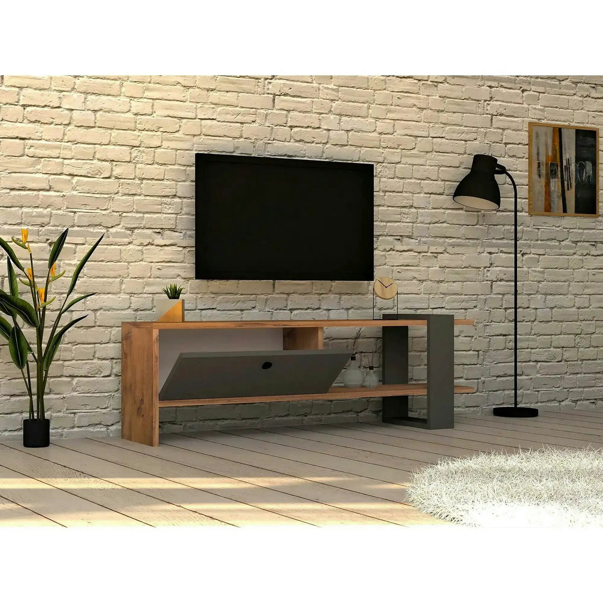 Comoda TV OVA, stejar/gri antracit, PAL melaminat, 120x25x37 cm