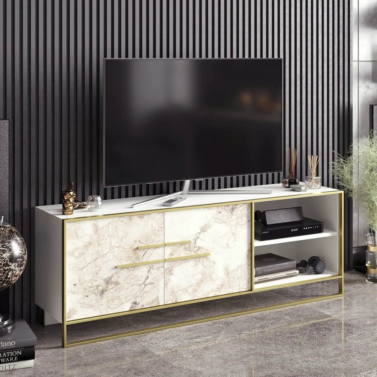 Comoda TV POLKA, alb/auriu, PAL melaminat/metal, 160x39x57 cm