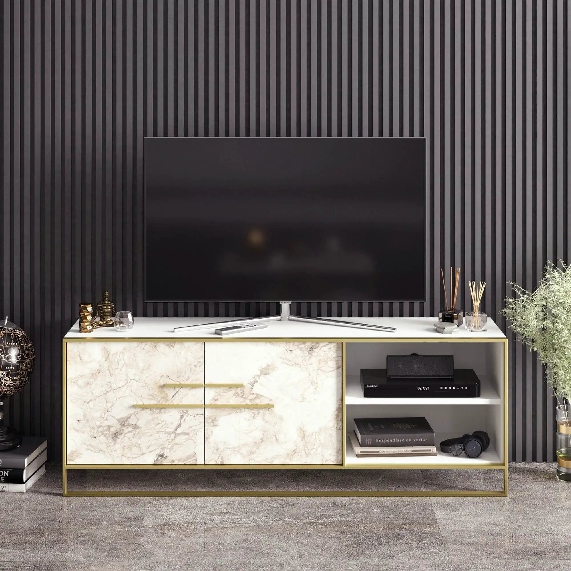 Comoda TV POLKA, alb/auriu, PAL melaminat/metal, 160x39x57 cm