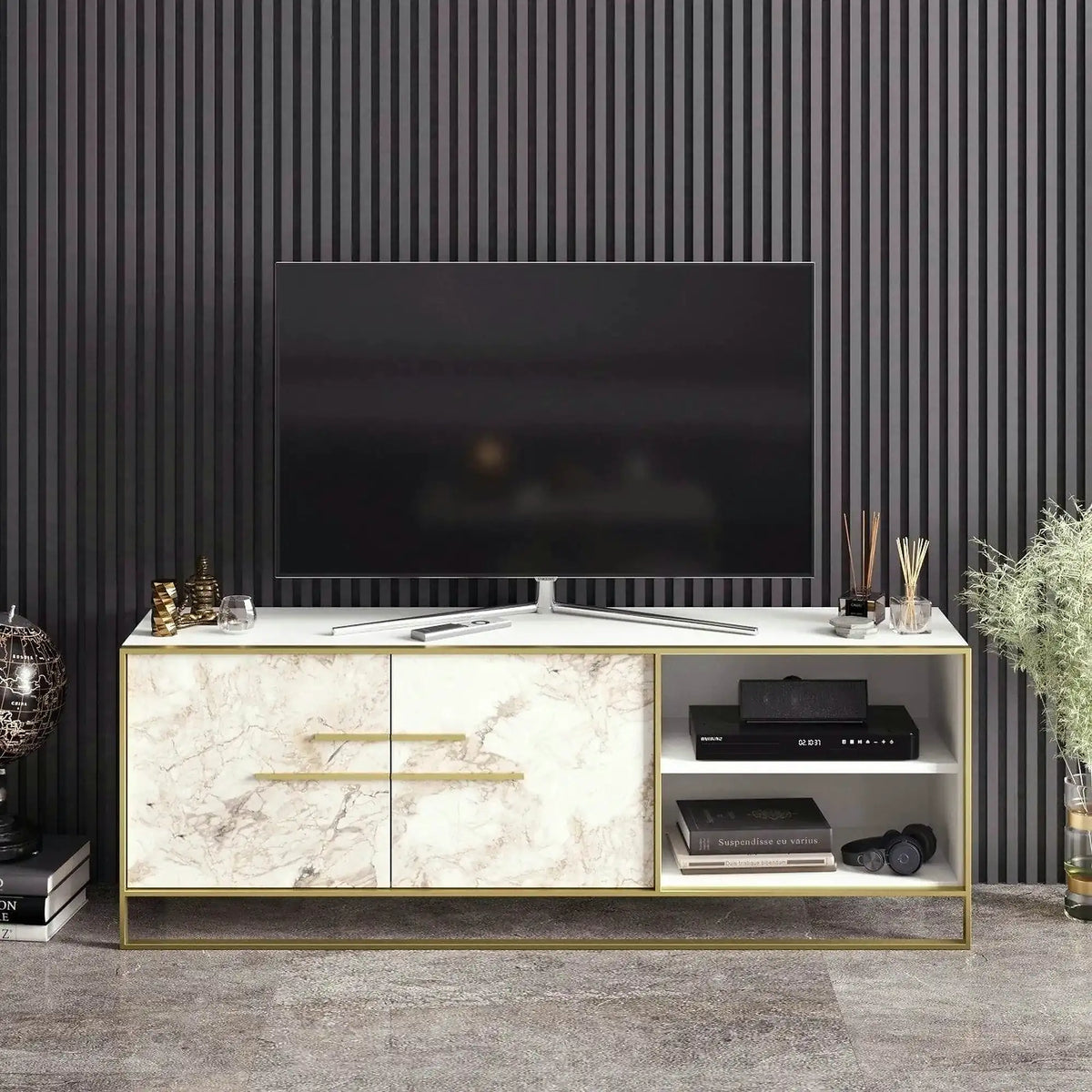 Comoda TV POLKA, alb/auriu, PAL melaminat/metal, 160x39x57 cm