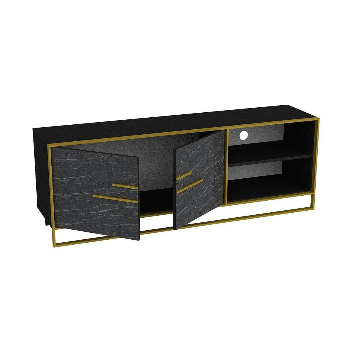 Comoda TV POLKA, negru cu efect de marmura/auriu, PAL melaminat, 160x39x57 cm