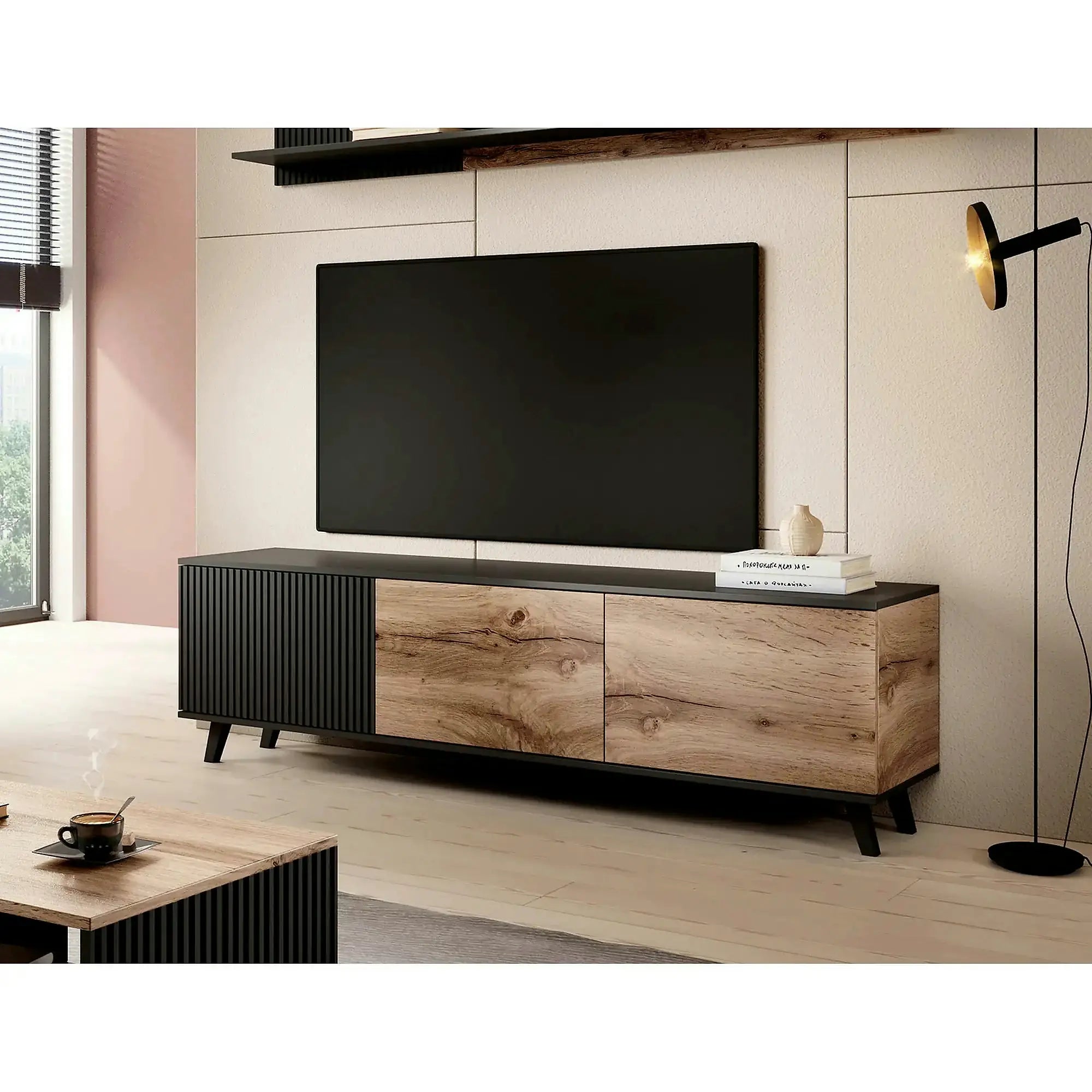 Comoda TV RANDOM, stejar wotan/negru, PAL furniruit, 180x40x52 cm