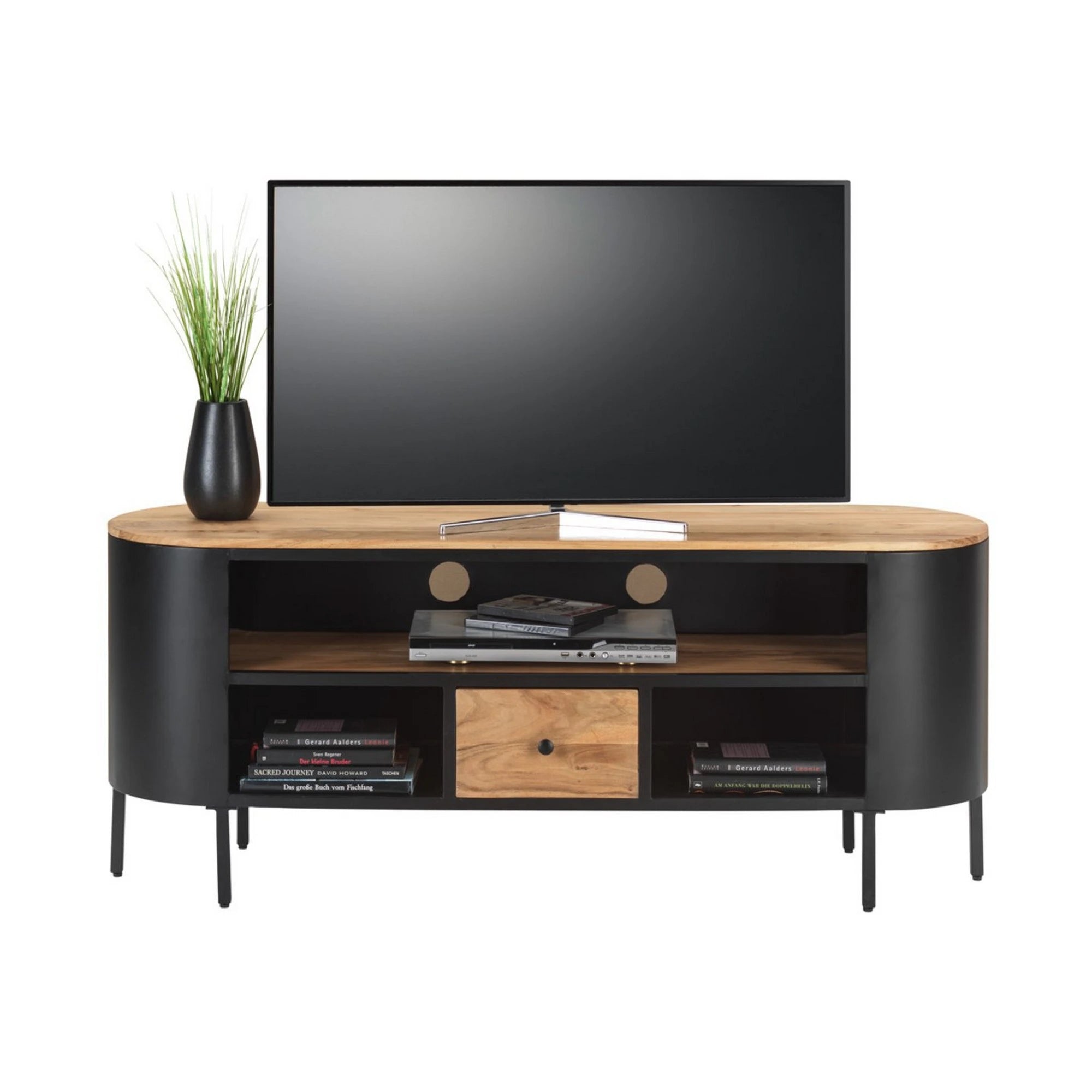 Comoda TV RAVIN, stejar/negru, lemn/metal, 145x40x60 cm