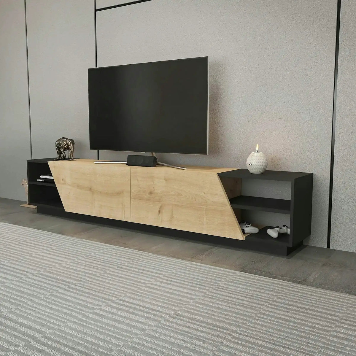 Comoda TV RHODES, gri antracit/stejar, PAL melaminat, 240x37x47 cm