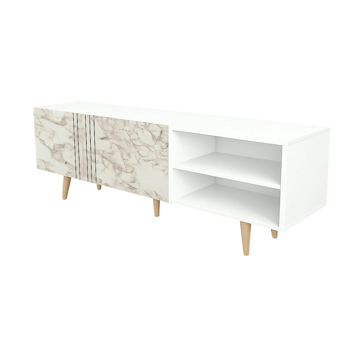 Comoda TV RONAS, alb cu efect de marmura, PAL melaminat, 160x35x39 cm