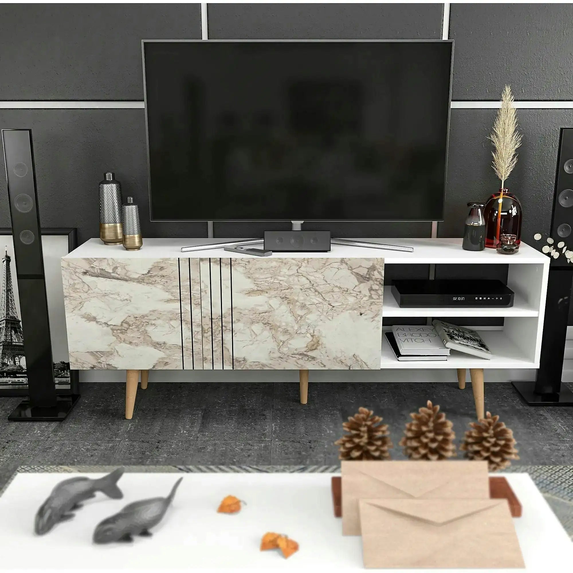 Comoda TV RONAS, alb cu efect de marmura, PAL melaminat, 160x35x39 cm