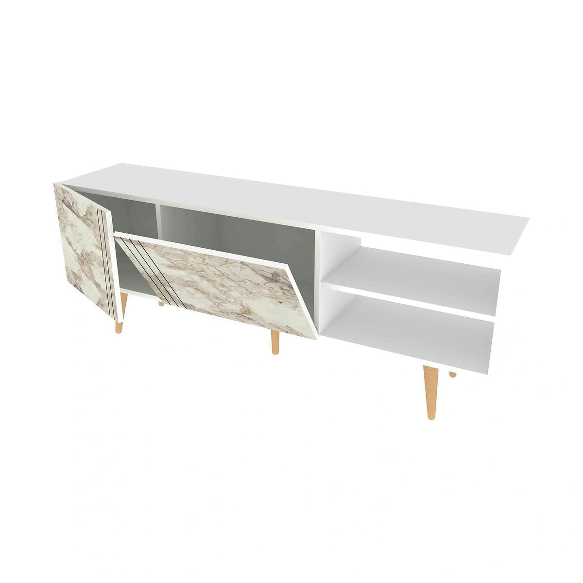 Comoda TV RONAS, alb cu efect de marmura, PAL melaminat, 160x35x39 cm