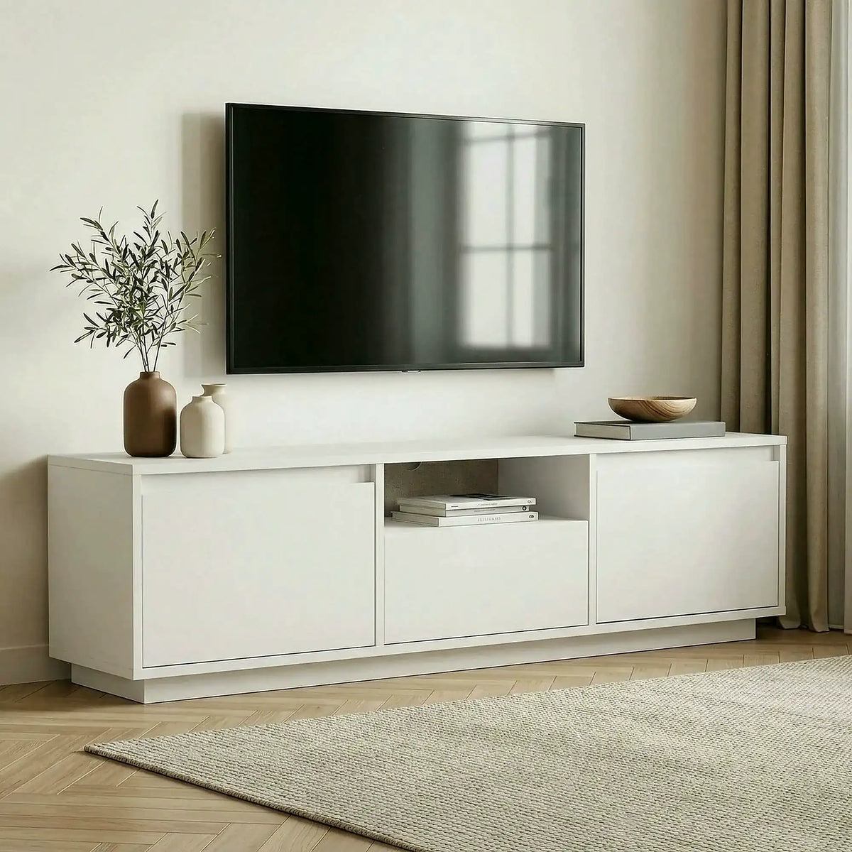 Comodă TV SENTINEL, alb natural, PAL melaminat, 160x30x42 cm