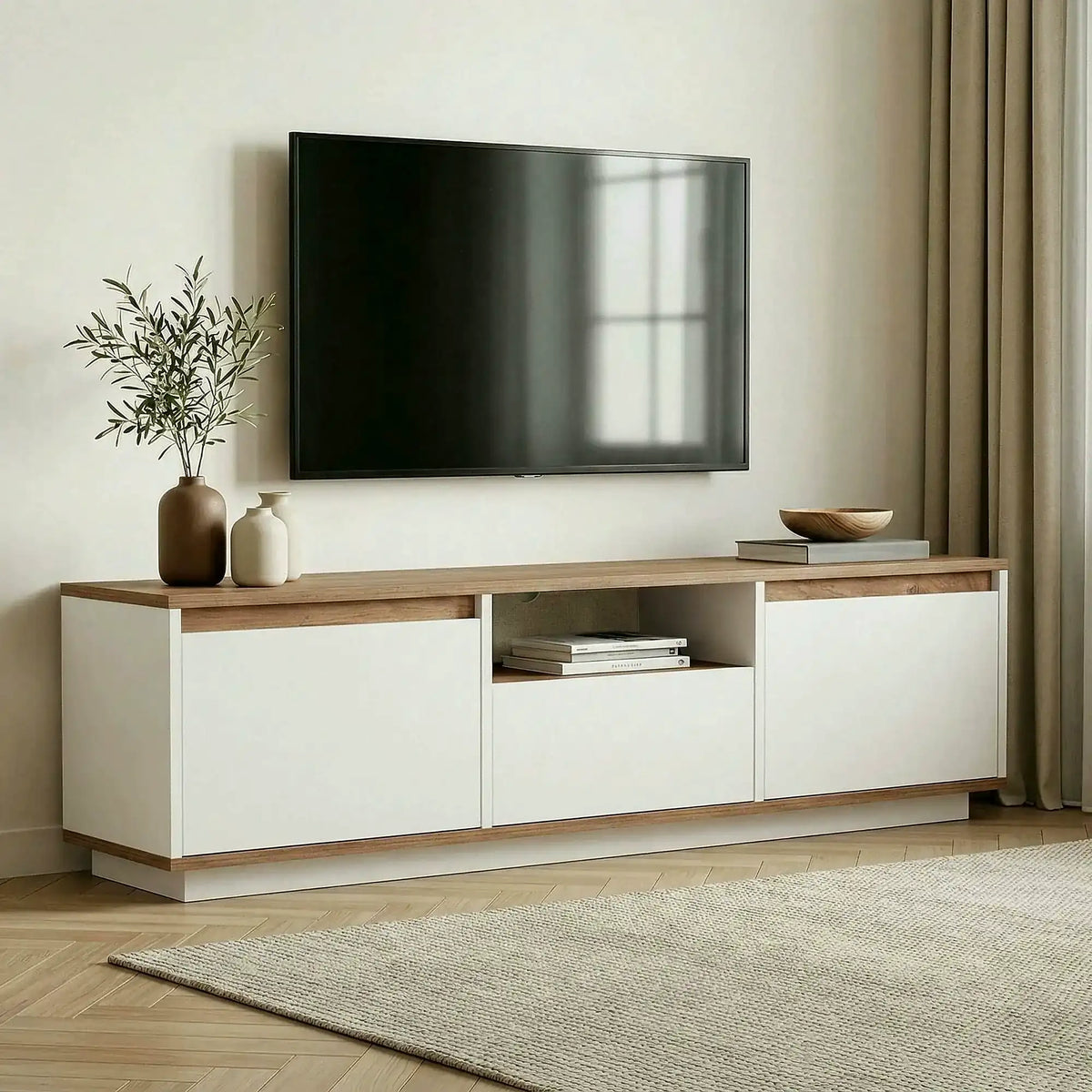 Comodă TV SENTINEL, pin/alb, PAL melaminat, 160x30x42 cm