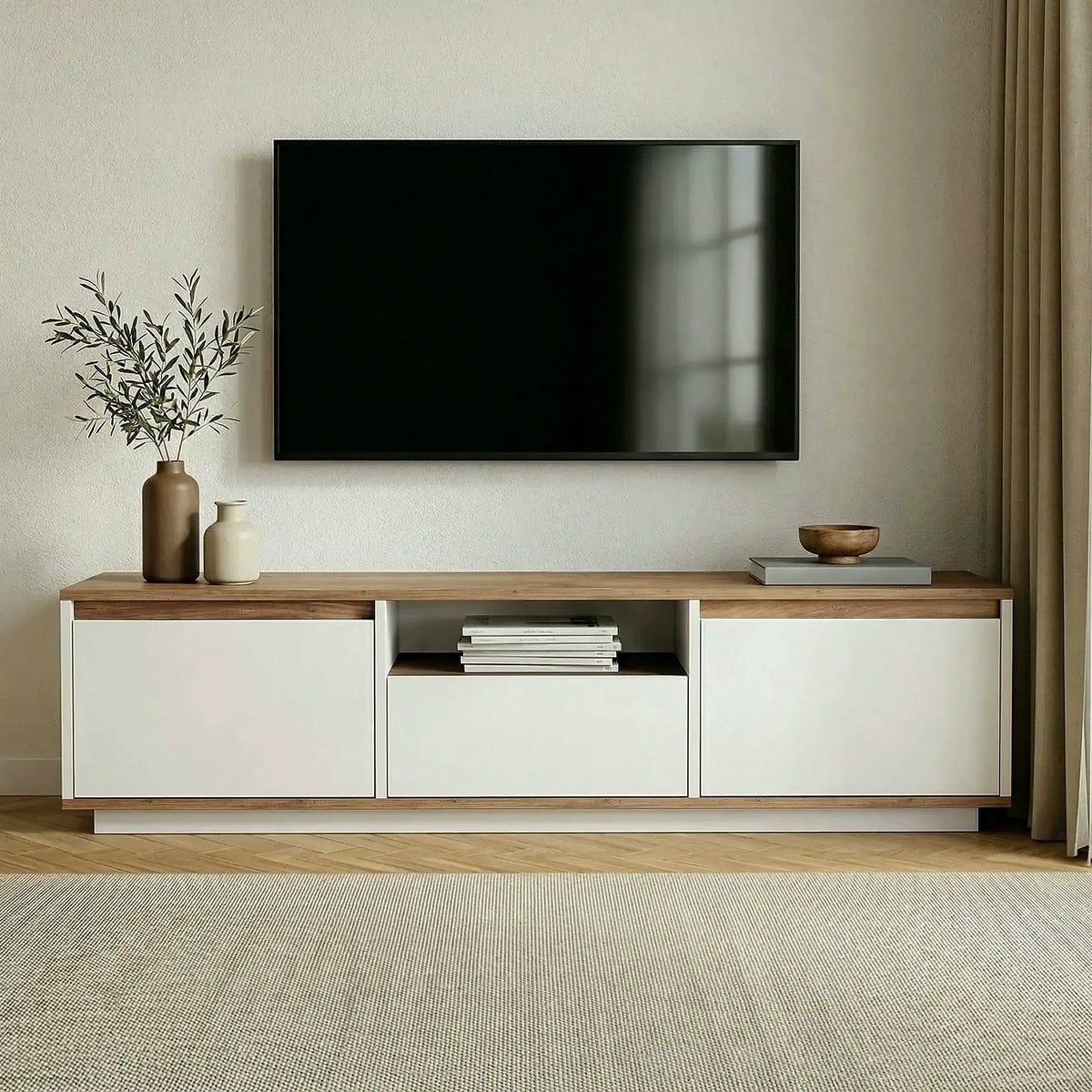 Comodă TV SENTINEL, pin/alb, PAL melaminat, 160x30x42 cm