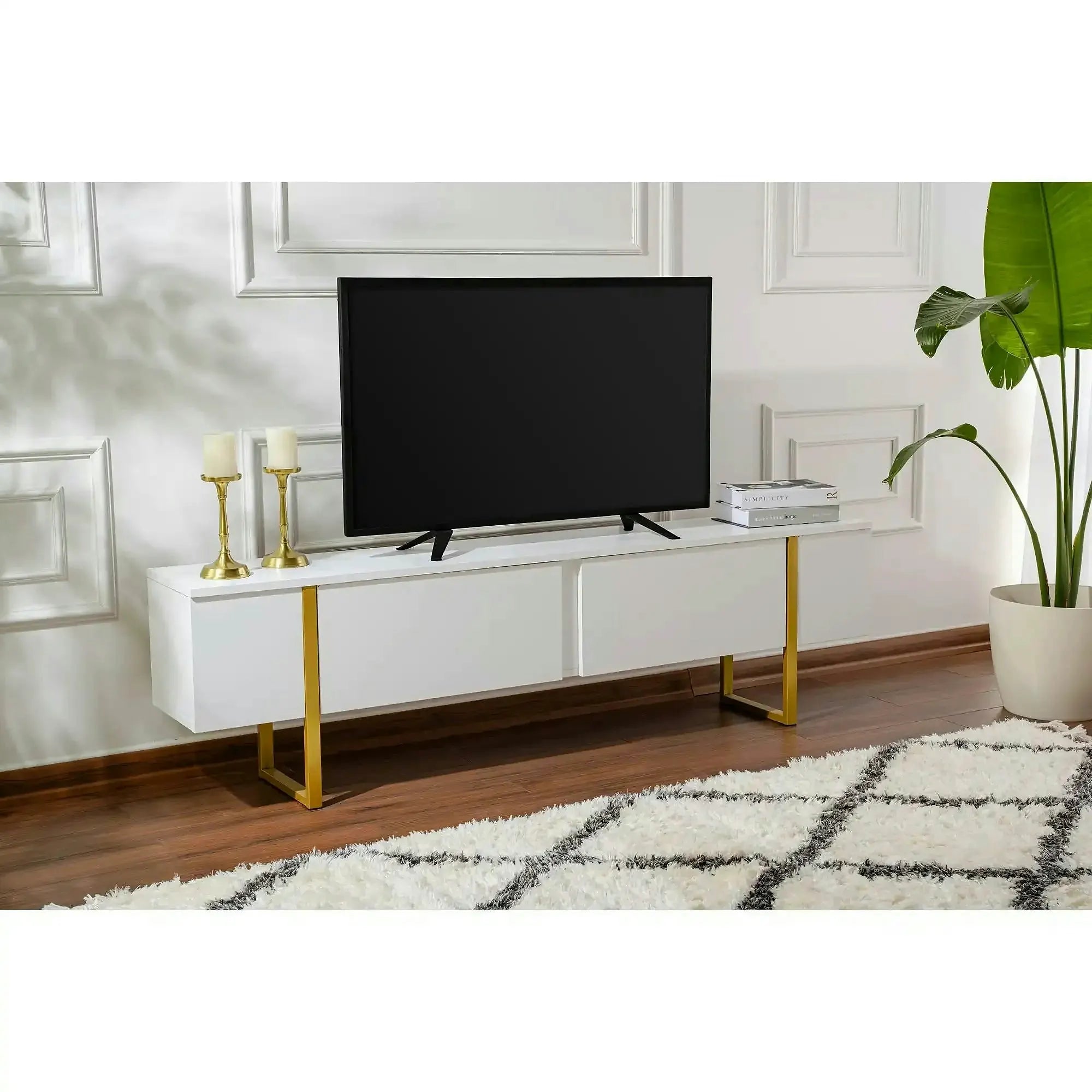 Comoda TV SERENITY, alb/auriu, PAL/metal, 180x30x50 cm