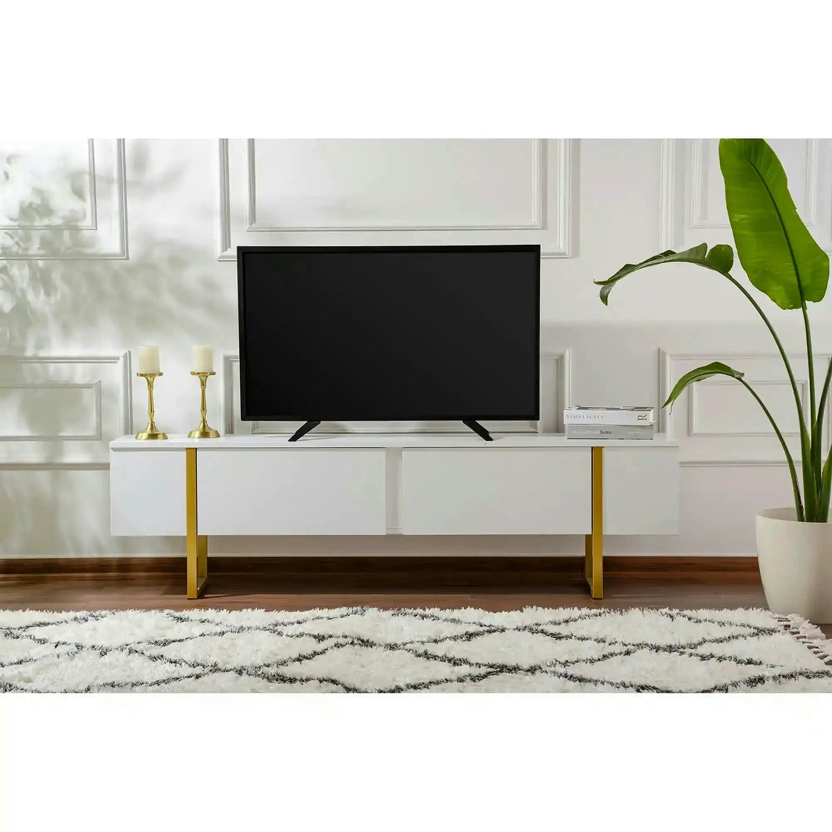Comoda TV SERENITY, alb/auriu, PAL/metal, 180x30x50 cm