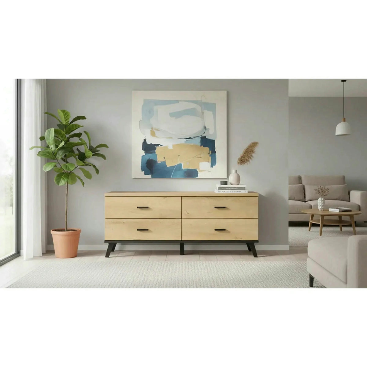 Comoda TV SIRAN TYP 7, stejar lefkas/negru, DTD laminat/plastic, 121x40x50 cm