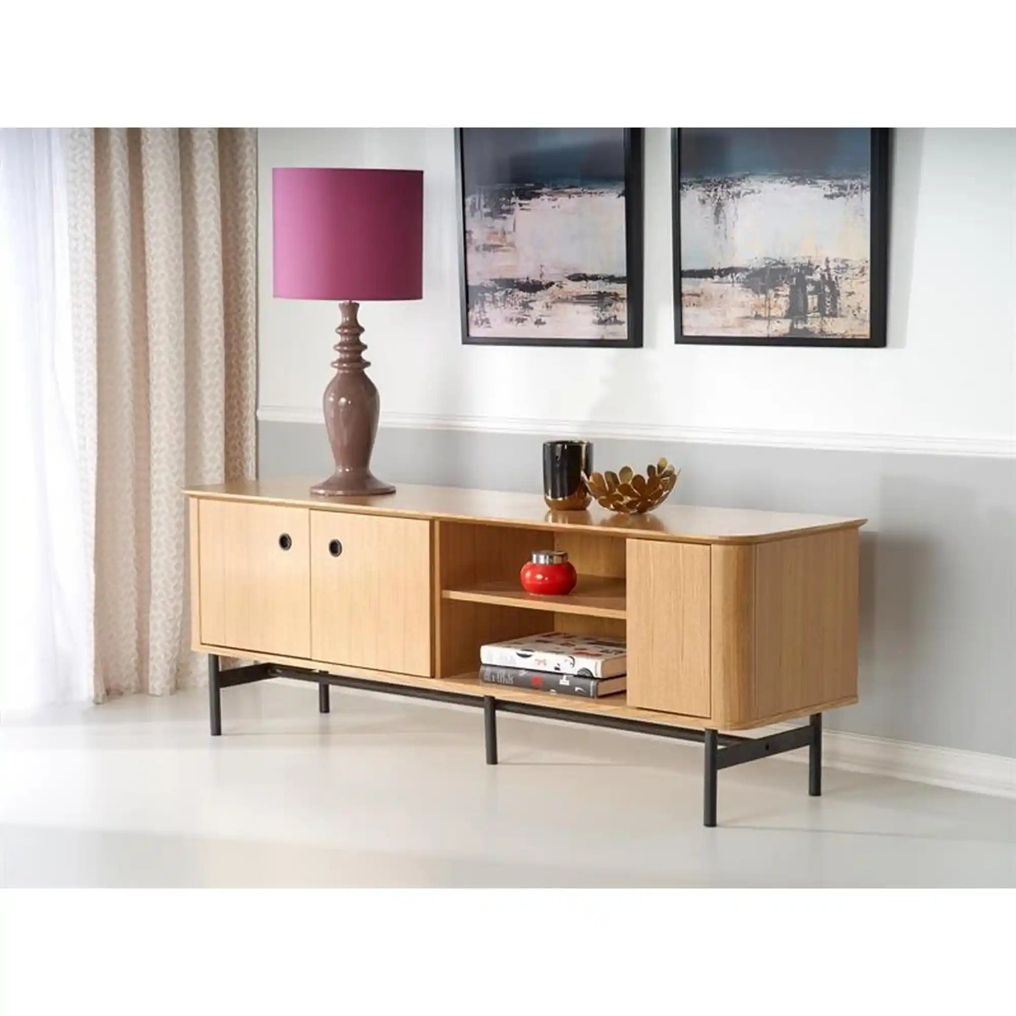 Comoda TV SMART, stejar/negru, furnir/metal, 167x44x59 cm