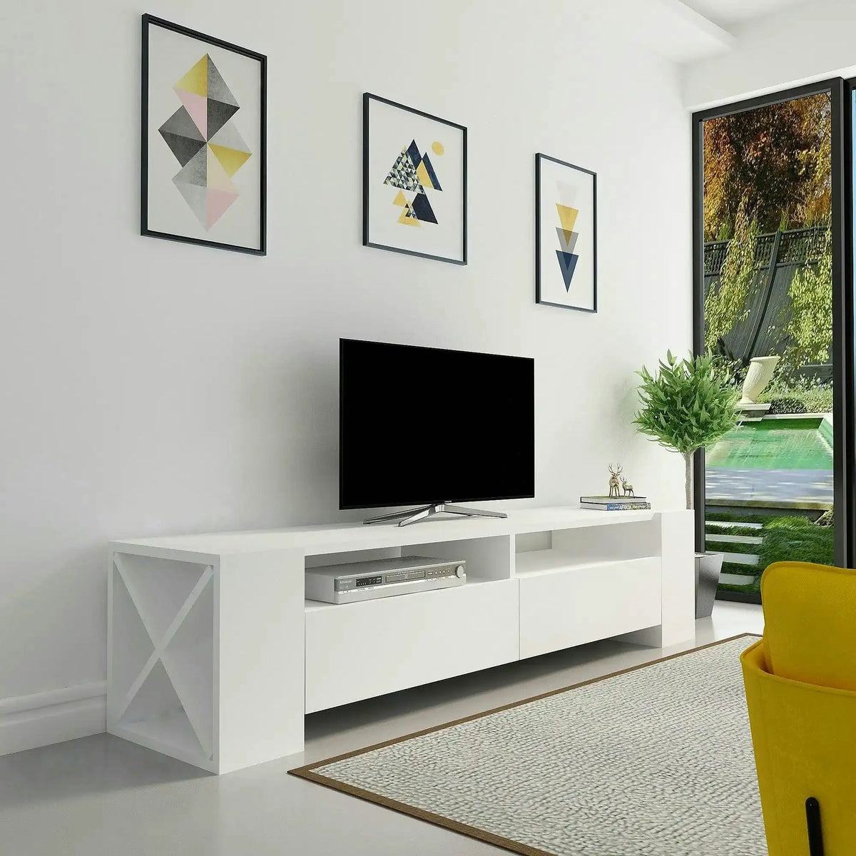 Comoda TV Sosruko, alb, PAL melaminat, 155x35x35 cm